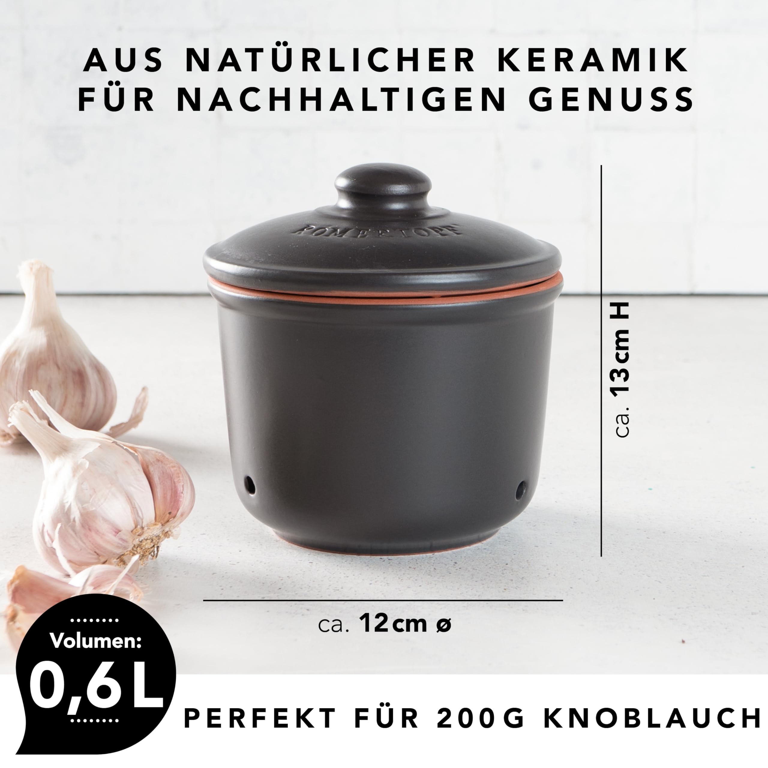 Römertopf Contenitore per Aglio 0,6 Litri in Ceramica – Conserva Aglio Fresche più a Lungo, Traspirante e Areato, Nero, tradizione dal 1967