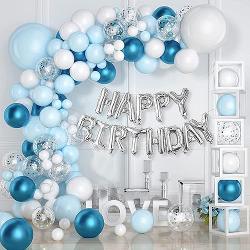 101 piezas de decoración de fiesta de cumpleaños azul y blanco para hombres, bebés, niños y niños, globos de aluminio 3D de feliz cumpleaños+globos