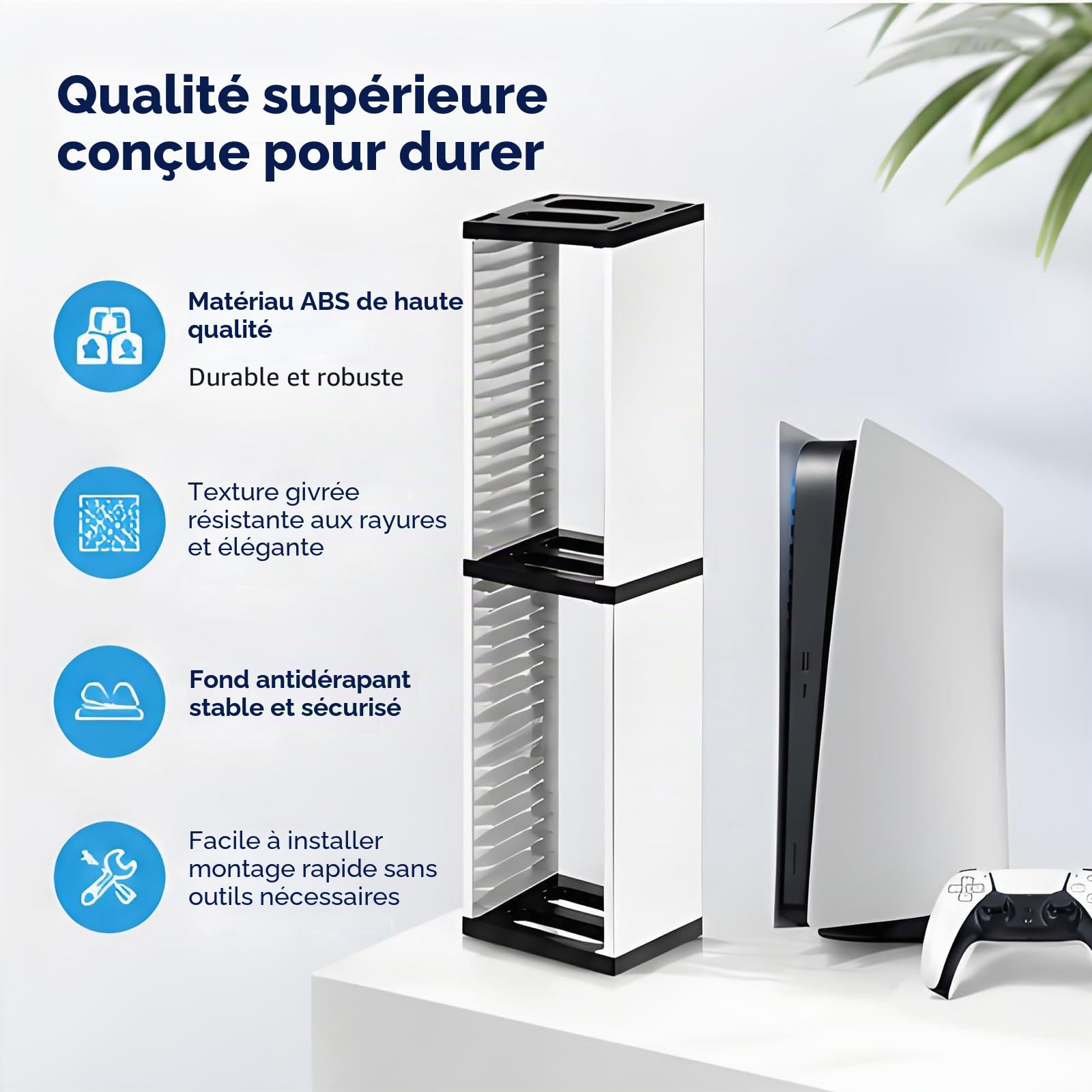 Tour de stockage de jeux PS5, support de jeu universel pour PS4 Xbox Nintendo Switch, avec 36 disques de jeu PS5, Blanc,noir (Stockage 36)