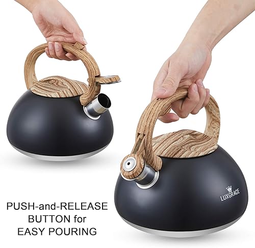 Miniatura 4 de Tetera silbadora de té con mango de madera, silbato fuerte, acero inoxidable de grado alimenticio para estufas, hervidor de agua (azul)