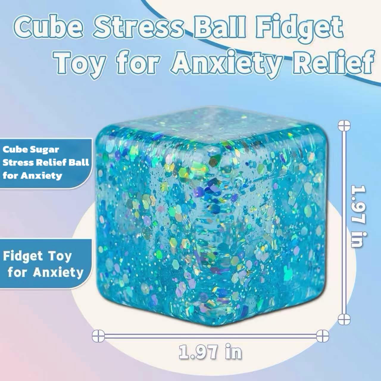 3 Pack Glitter Cube Sugar Stress Ball Squishy Toys, Colorful Squishy Stress Balls for Kids and Adults, Glitter Cube Sugar Ball Squeeze Toys, Party Favors