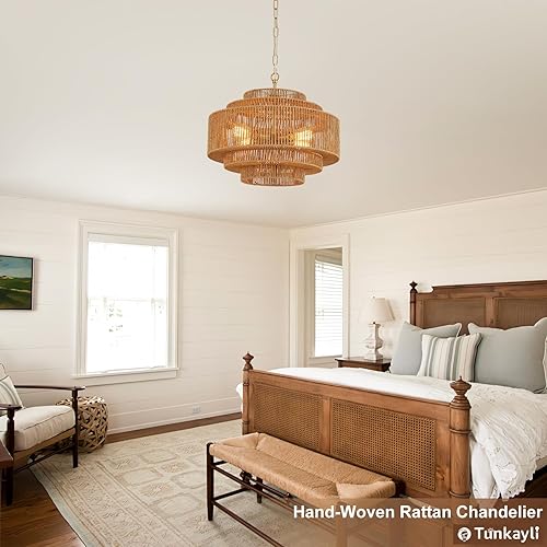 Miniatura 8 de Candelabro de Ratán Tejido a Mano para Comedor Candelabro Bohemio de 20 Pulgadas Candelabros de Bambú Estilo Granja 4 Luces Lámparas Vintage Oro