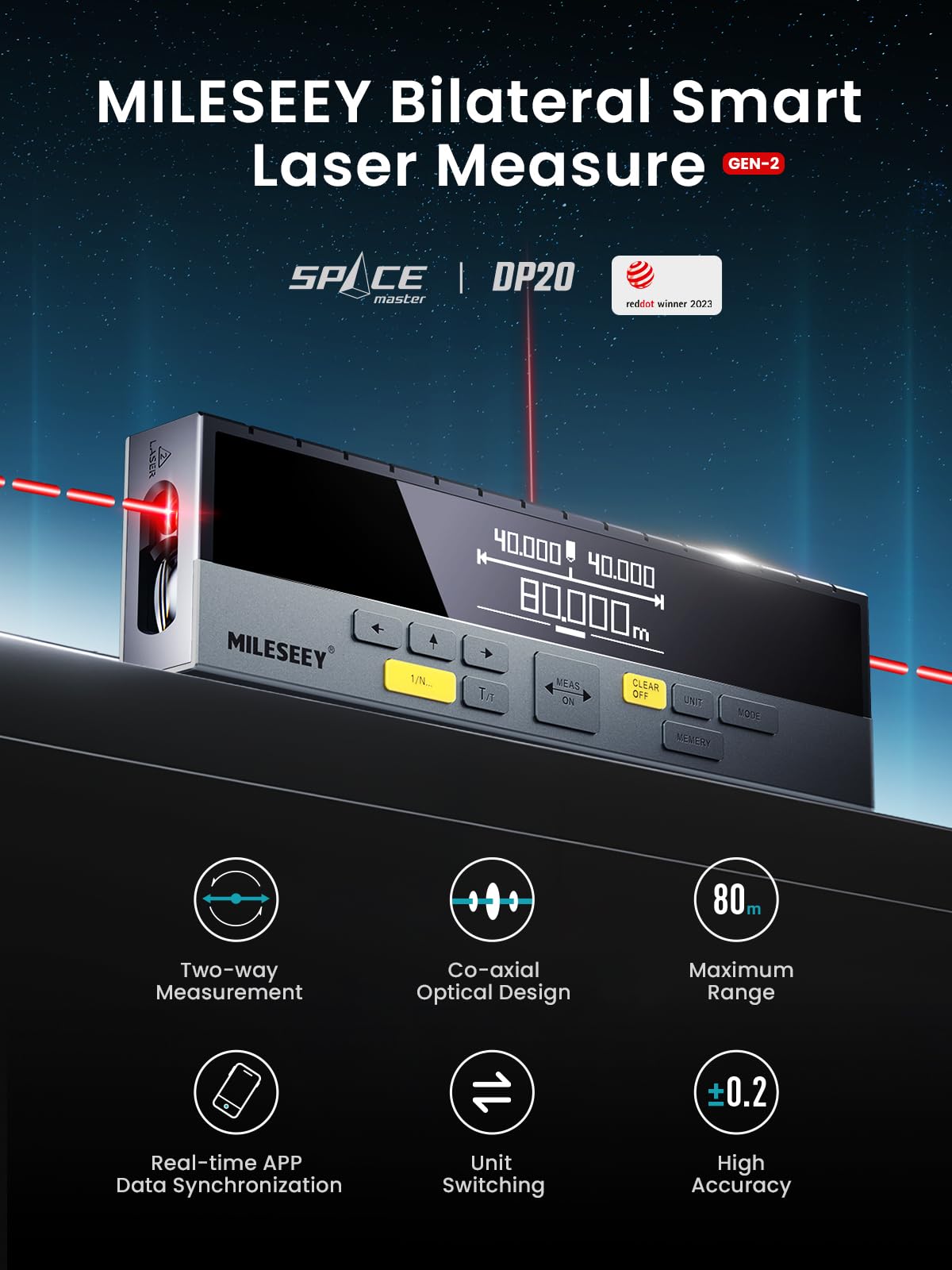 MiLESEEY DP20 Pro Télémètre Laser Double avec référence Laser Moyenne, lasermètre Rechargeable avec APP, Affichage Gen-2 avec rétroéclairage ft/in/m/ft+in unités