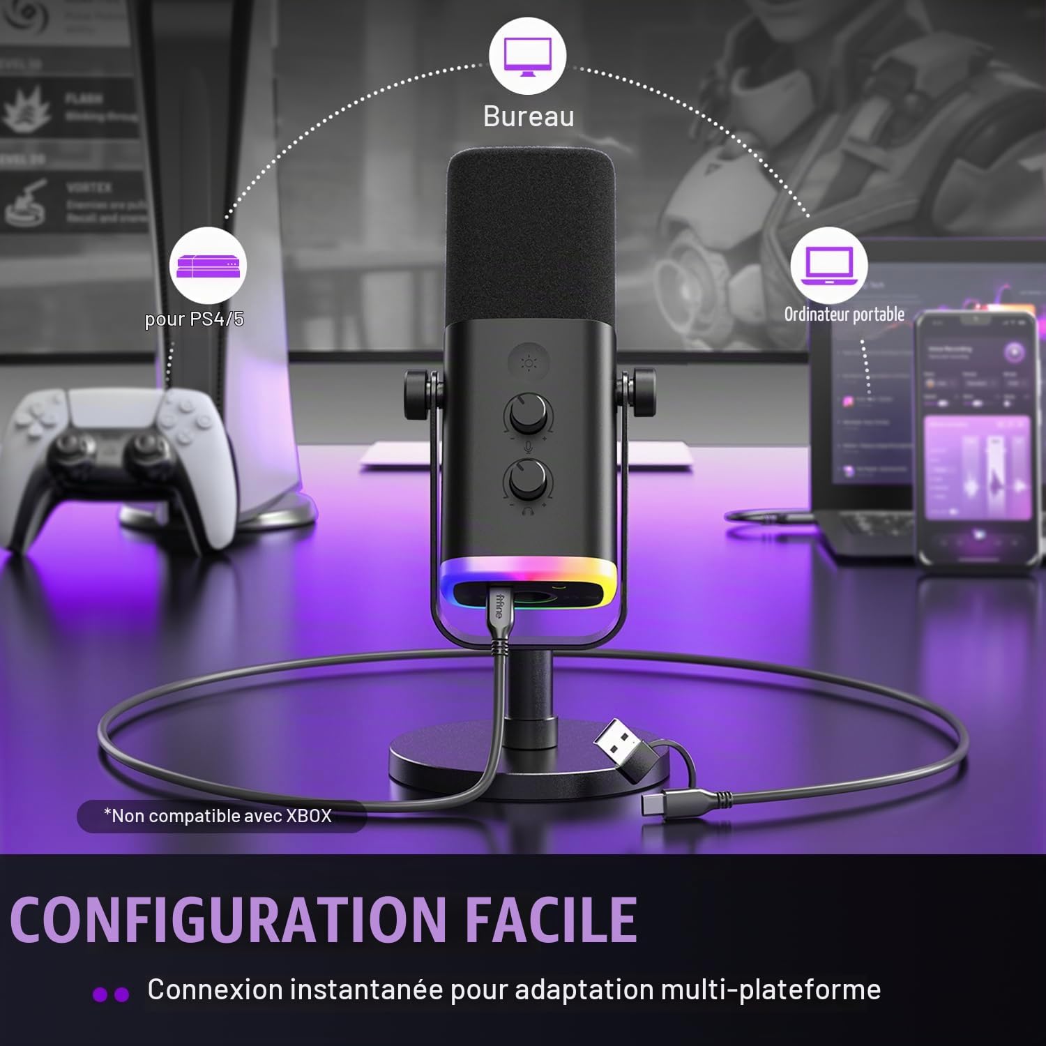 Microphone de jeu FIFINE XLR/USB, micro dynamique de streaming en studio, microphone de bureau pour ordinateur pour podcast, voix off, enregistrement, avec RGB, mute, prise casque de surveillance