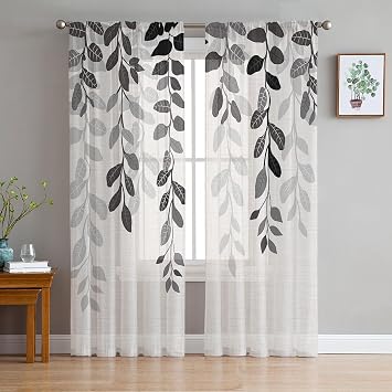 Sheer Curtains, Grey Silhouette Black Leaves Gradient Chiffon Rod Pocket Drapes Light Filtering Semi Window Treatments for Living Room Dining Bedroom Decor 2 Panels 52" W x 84" L