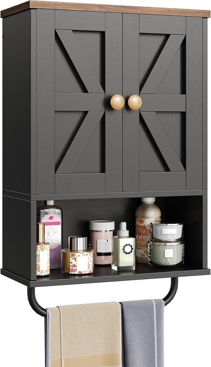 CHOEZON Mueble de Baño Colgante de 2 Puertas, Armario de Pared con Compartimento Abierto y Toallero, Botiquín, Estilo Granero, para Dormitorio, Sala de Estar, Cocina, Negro y Nogal Marrón oferta Amazon