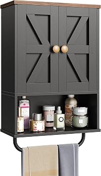 CHOEZON Bathroom Wall Cabinet, Medicine Cabinet with Open Partition and Towel Bar, Rustic Storage Cabinet with Open and Hidden Storage Space, for Bathroom, Living Room, Kitchen, Black and Walnut