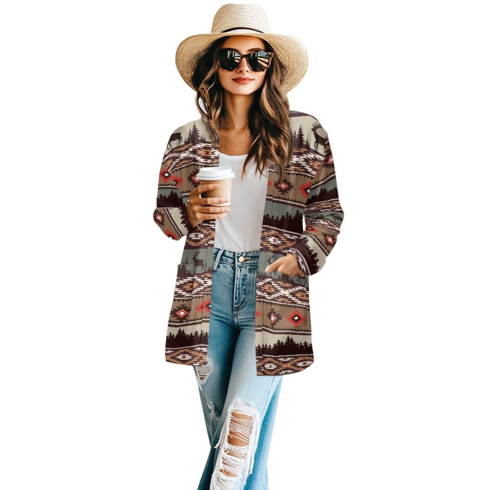 Women's Aztec Open-Front Jacket Lightweight Casual Outerwear Native Western Aztec Pattern &amp; Plaid Houndstooth Print