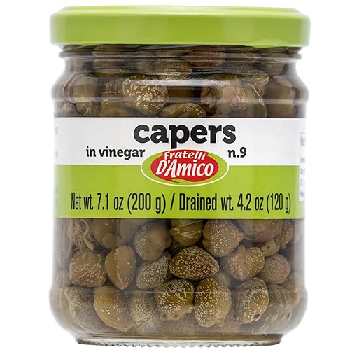 Miniatura 6 de FRATELLI D'AMICO Alcaparras italianas #9 de alta calidad en salmuera, sin OMG, producto de Italia, peso neto 19.5 onzas, peso drenado 12 onzas