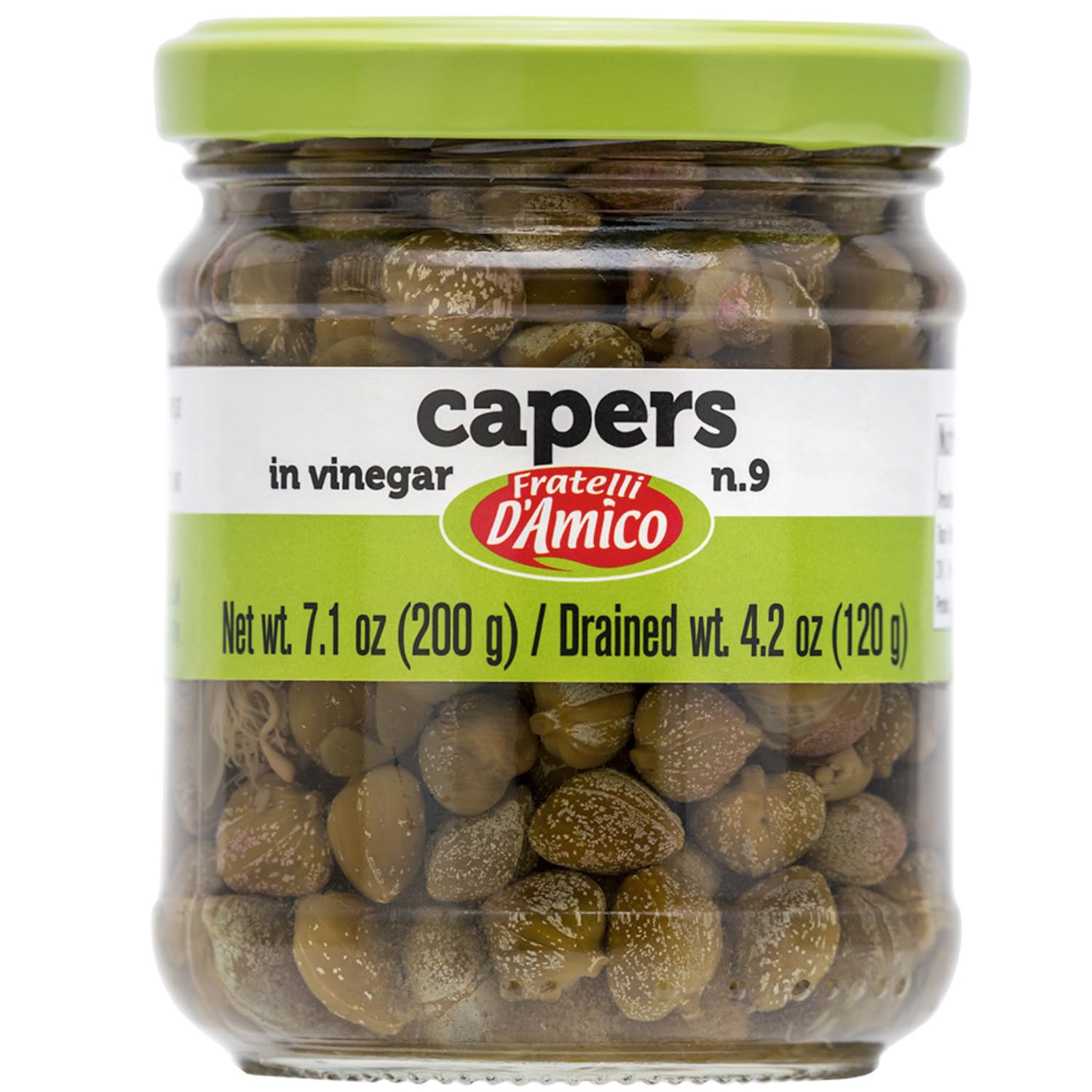 FRATELLI D'AMICO Capers, #9, Premium Quality Italian Capers in Brine, Jar, 7.05 oz (200g), Drained Wt. 4.2 oz (120 g) Product of Italy