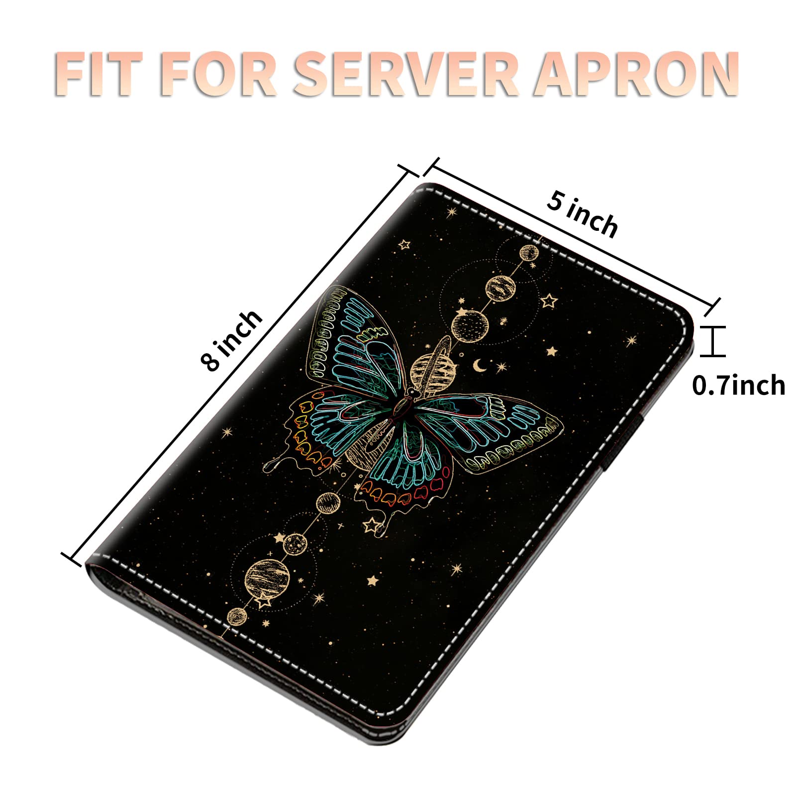 Server Books for Waitress Waiter with Zipper Pocket, Butterfly Moon Space Leather Server Pads Waitstaff Organizer Guest Check Presenters Server Wallet Money Holder Pouch Fit Apron