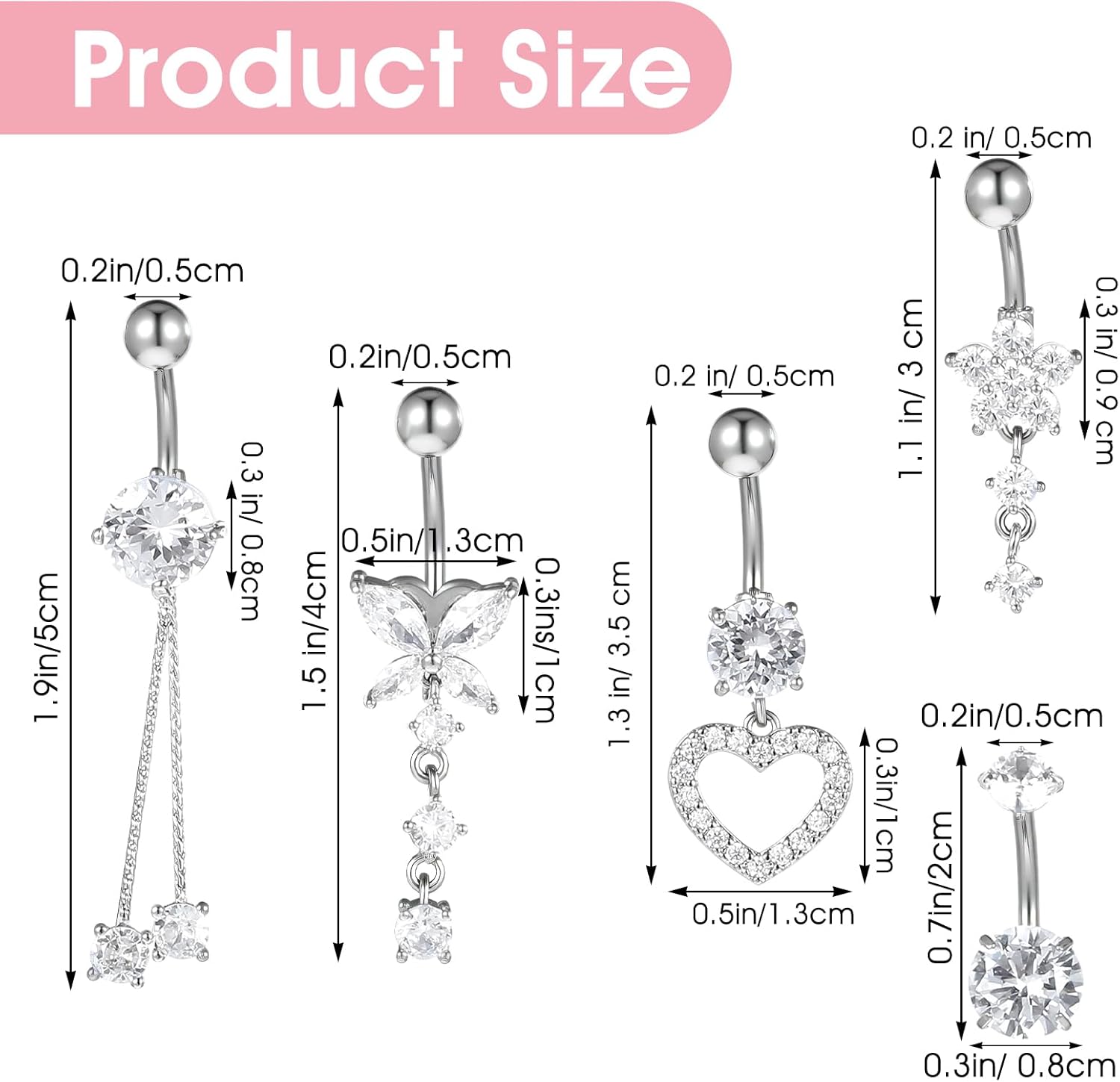 5 Pcs Surgical Stainless Steel Dangle Belly Button Rings for Women Heart Flower Butterfly Belly Button Ring Dangling Piercing Jewelry, Silver - Image 2