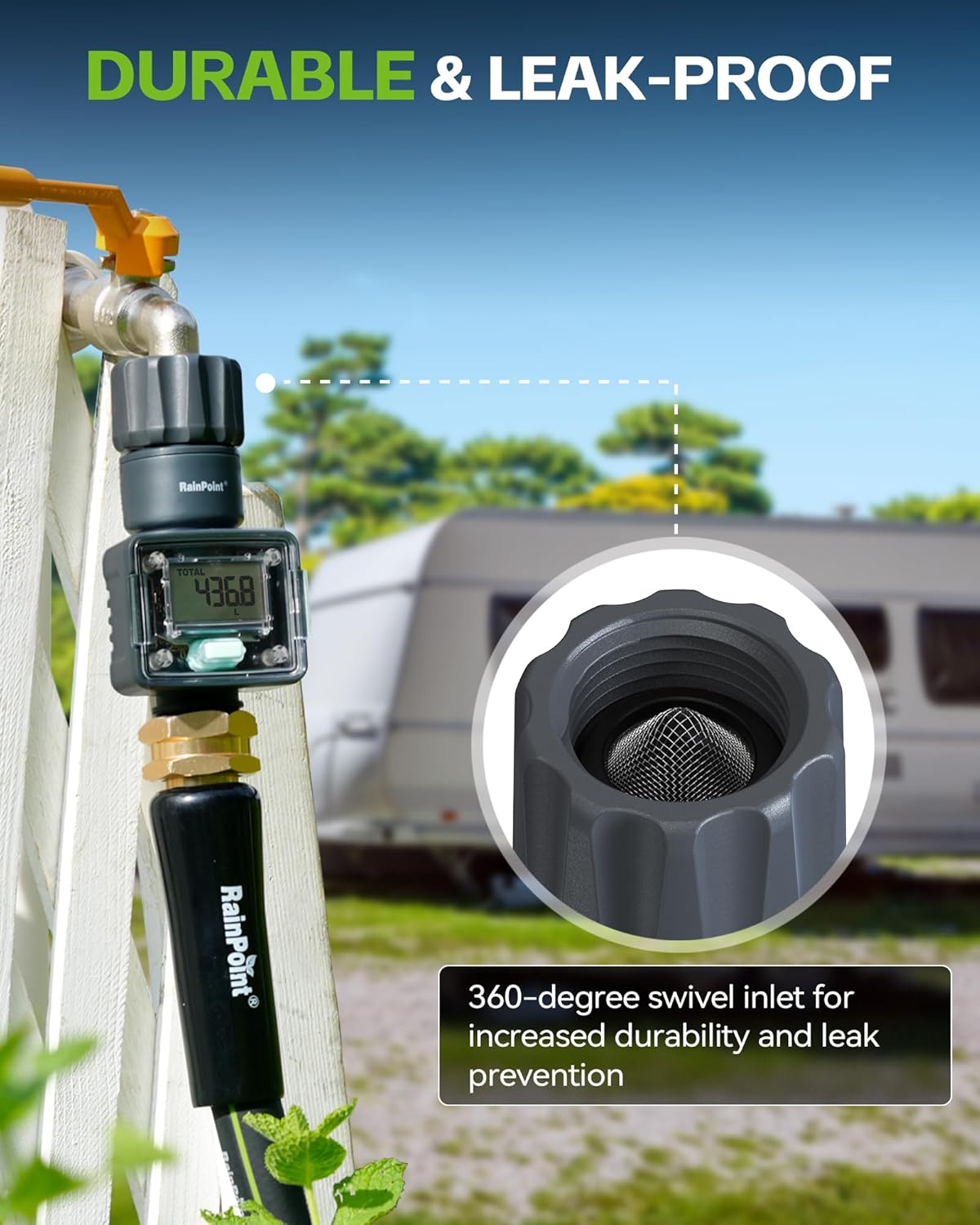RAINPOINT Water Flow Meter, Measure Consumption and Flow Rate up to 9999.9 Gallon/Liter, ±5% Accuracy, Water Meter for RV, Garden Hose, Pool, Lawn Sprinkler & Nozzle Sprayer