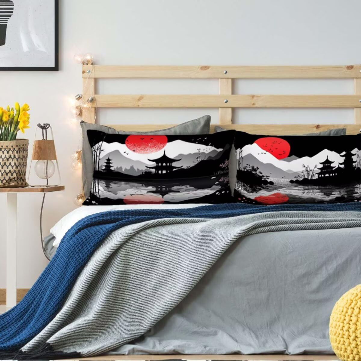 Kissenbezug 70x90 cm Schwarz Kissenbezüge 2er Set, Samt Sofakissen Dekokissen Kopfkissenbezug, Zierkissen Bezug Beidseitiger Druck für Kissen Deko Wohnzimmer Schlafzimmer Sofa Hotel, Japan Muster G-56
