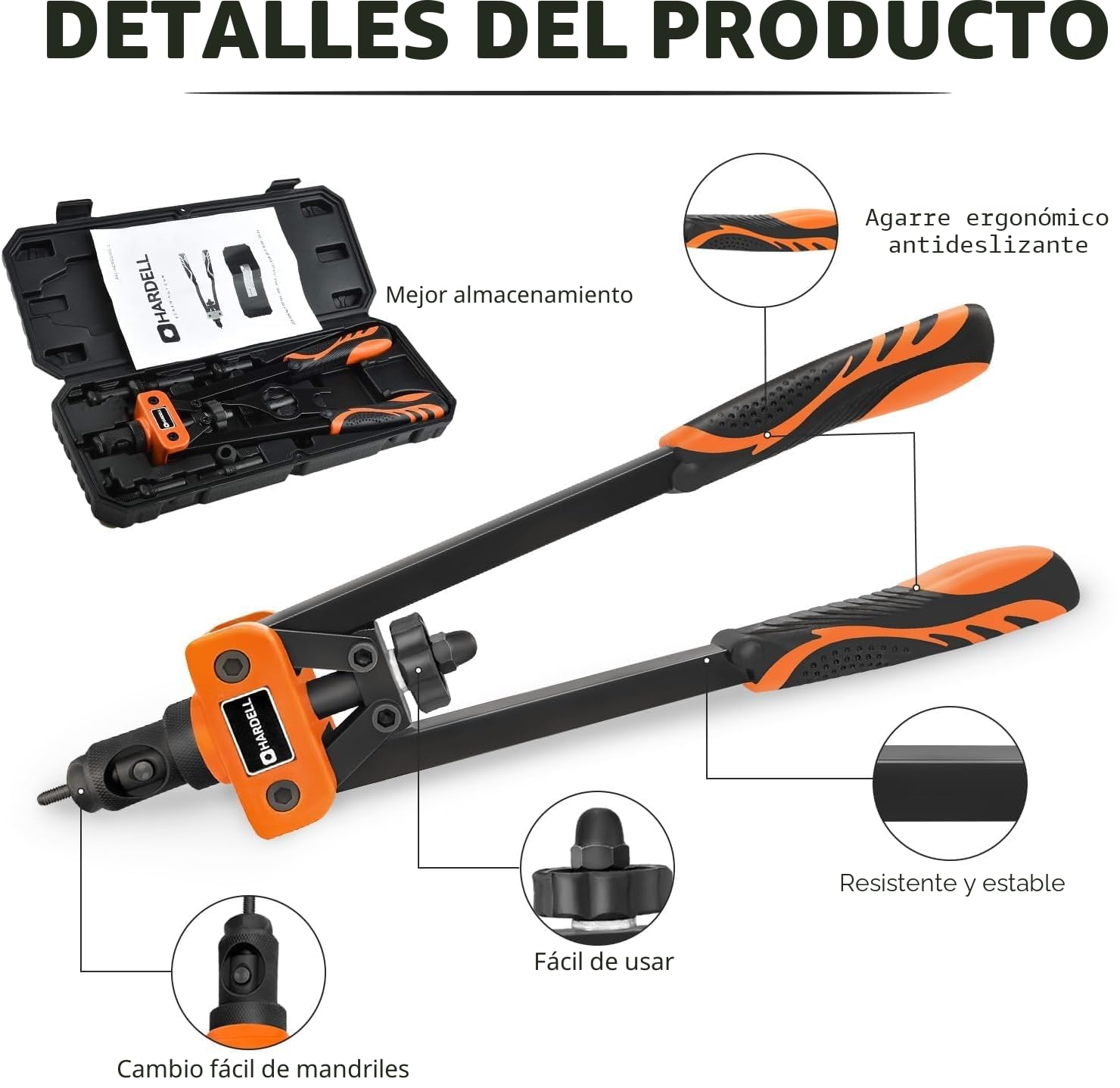 HARDELL Remachadora de Tuercas, 14" Remachadora Manual Con 150pcs Remachadora Tuercas, y 6 Mandriles Intercambiables M3 M4 M5 M6 M8 M10, Naranja