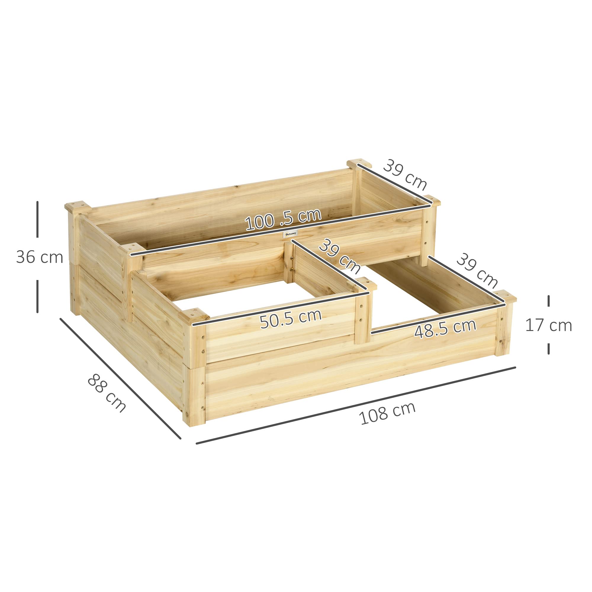 Outsunny Carré Potager en Bois, jardinière extérieure en escalier, 3 Niveaux, Zones séparées, Design sans Fond, 108 x 88 x 36 cm, Bois Naturel
