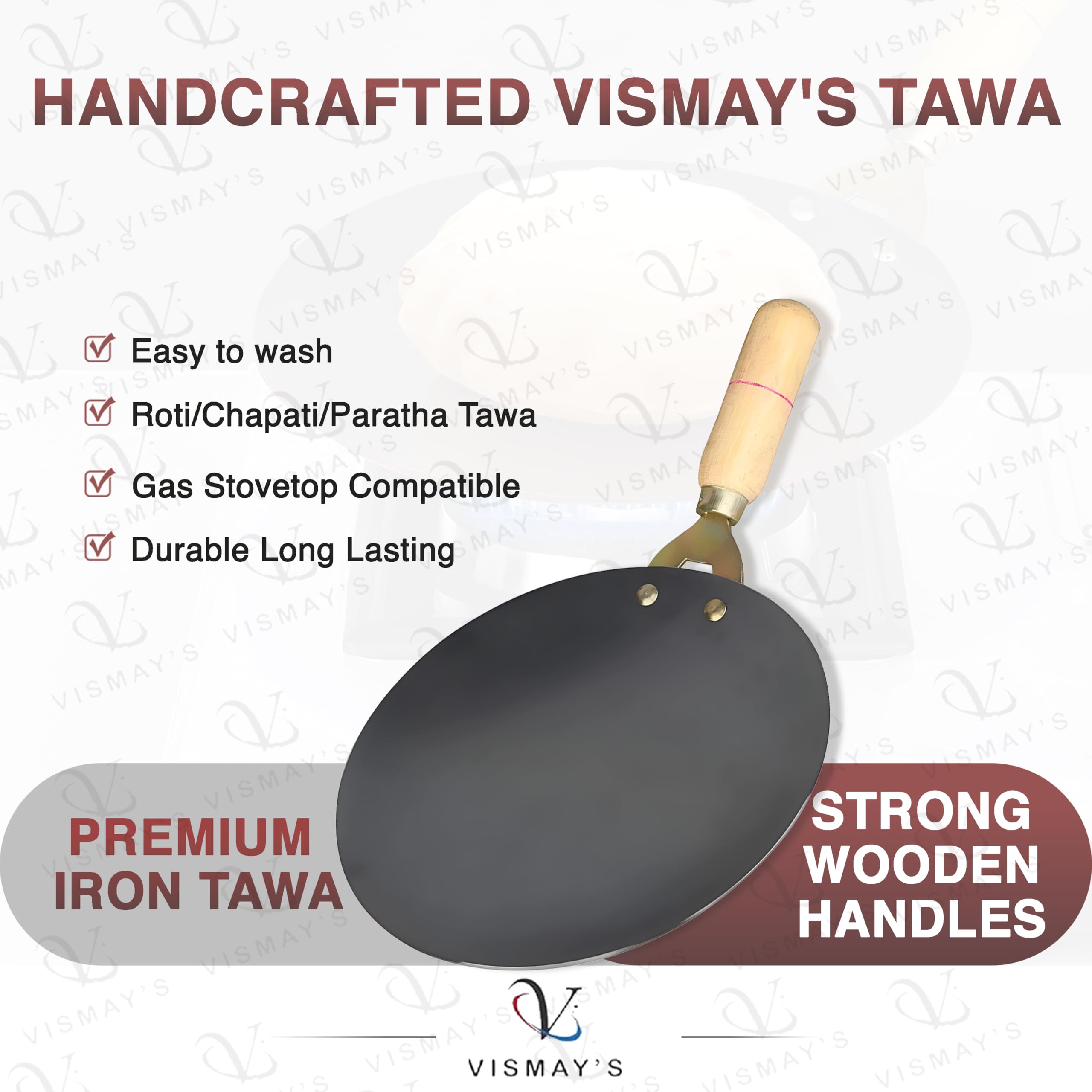 VISMAY'S Tawa tradicional de hierro puro Tawa/lohakhand Tawa/Tava para Roti/Chapati con mango de madera (9.5 pulgadas)