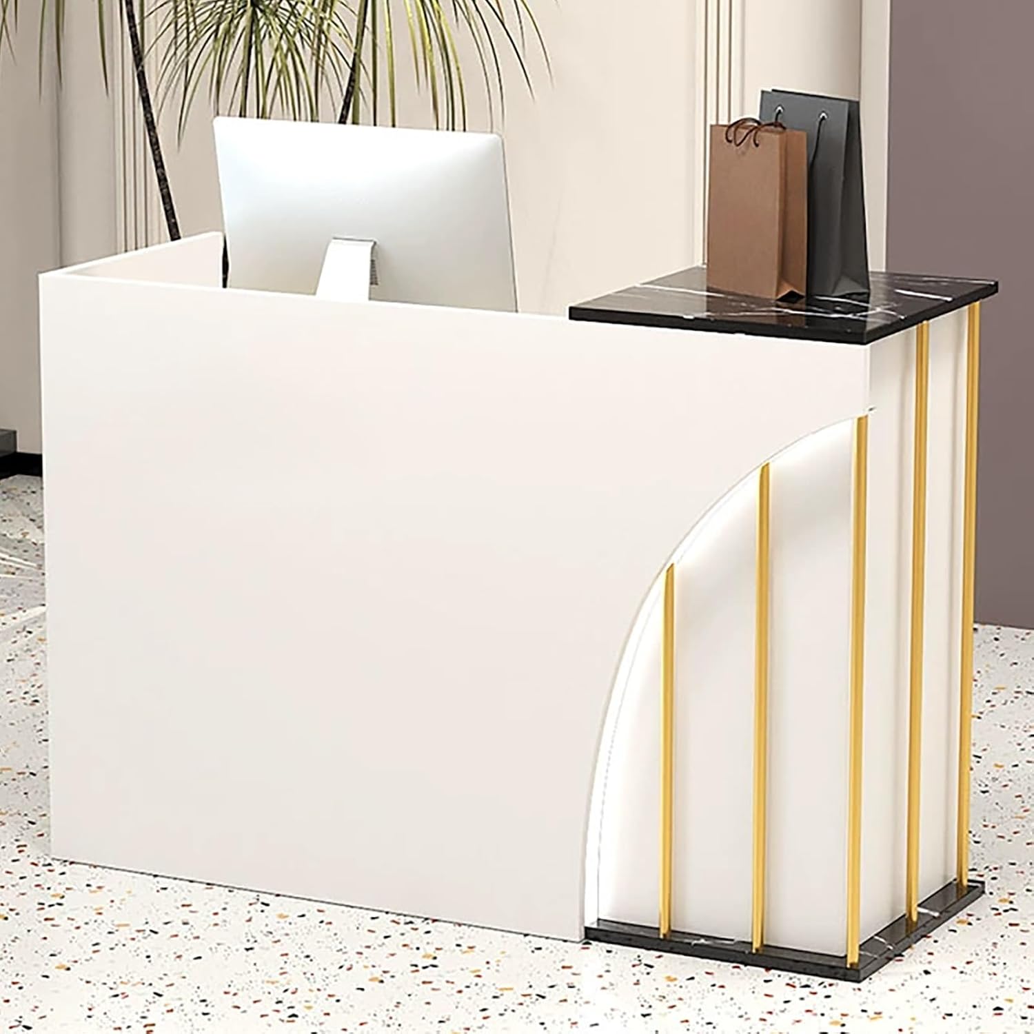 Reception Desk with Counter, Front Counter Desk with Cable Grommet, Front Desk with Drawer and Open Storage, Modern Retail Counter Table, Aluminum Alloy Handle(White B,80x45x95CM)