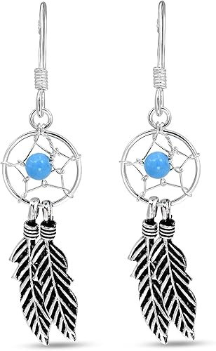 AeraVida 925 Sterling Silver Dreamcatcher Dangle Earrings Handmade Boho Jewelry Tribal-Inspired Silver Drop Earrings with Polished Stone Accents