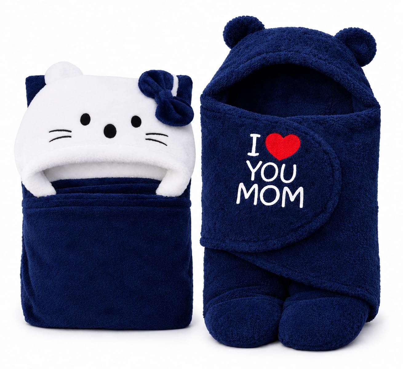 First Kick Baby Blankets New Born Combo Pack of Hooded Wrapper Sleeping Bag and Baby Bath Towel for 0-6 Months Baby Boys and Baby Girls Pack of 2, Flannel, Navy Blue Mom & Kitty, Lightweight-image-40