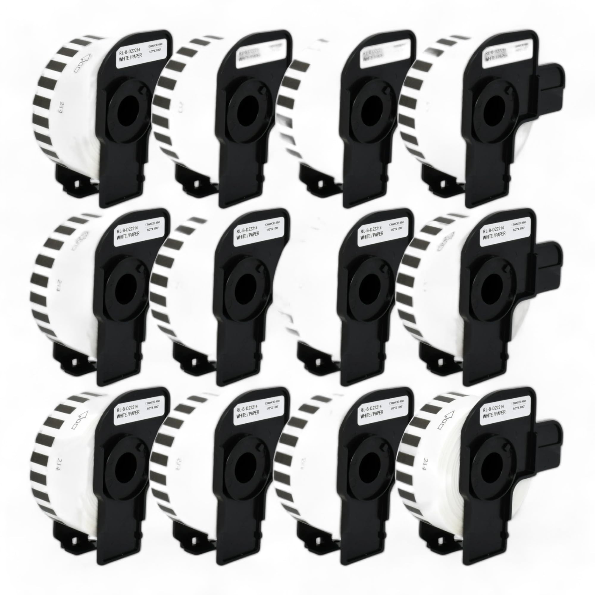 12 Rollen DK-22214 Endlos-Etiketten (12mm x 30,48m pro Rolle) Schwarz auf Weiß, Kompatibel mit Brother QL-Druckern, Thermopapier für klare Adress-Labels, Adressetiketten, Bilder und Barcodes