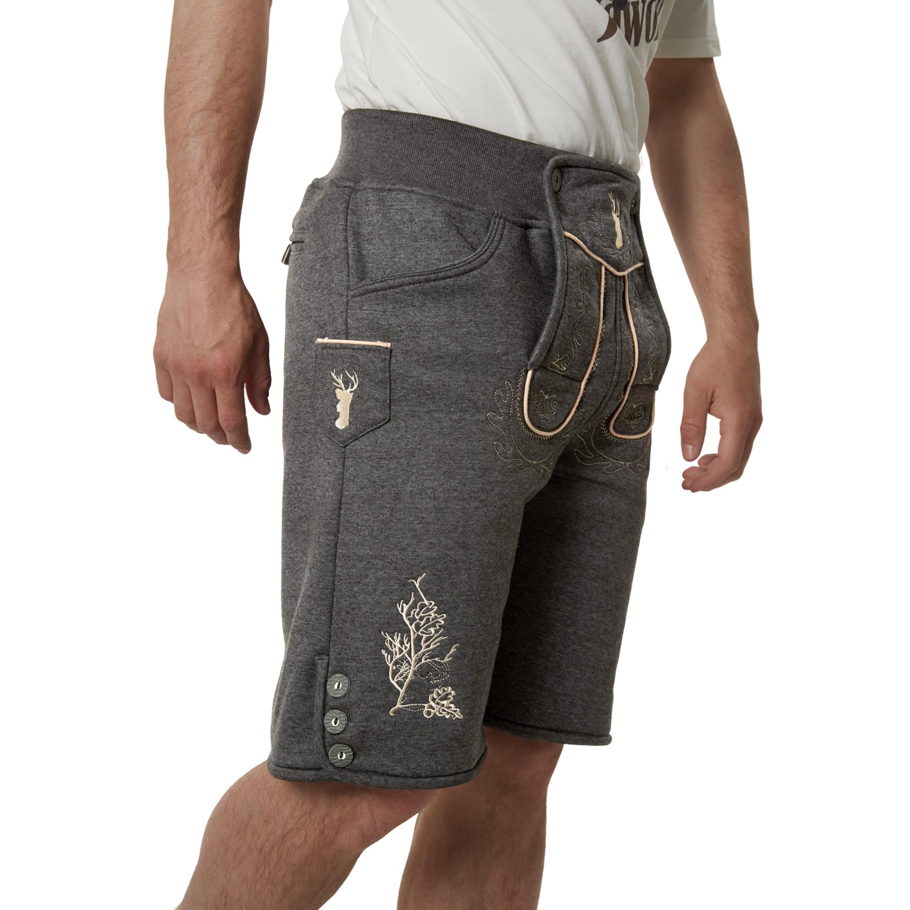 dressforfun Kurze Trachtenhose aus Fleece, vegane Lederhose, Tracht Herren, Trachten Lederhose Look ohne Leder, Vintage Optik mit authentischer Stickerei für Oktoberfest, Volksfest