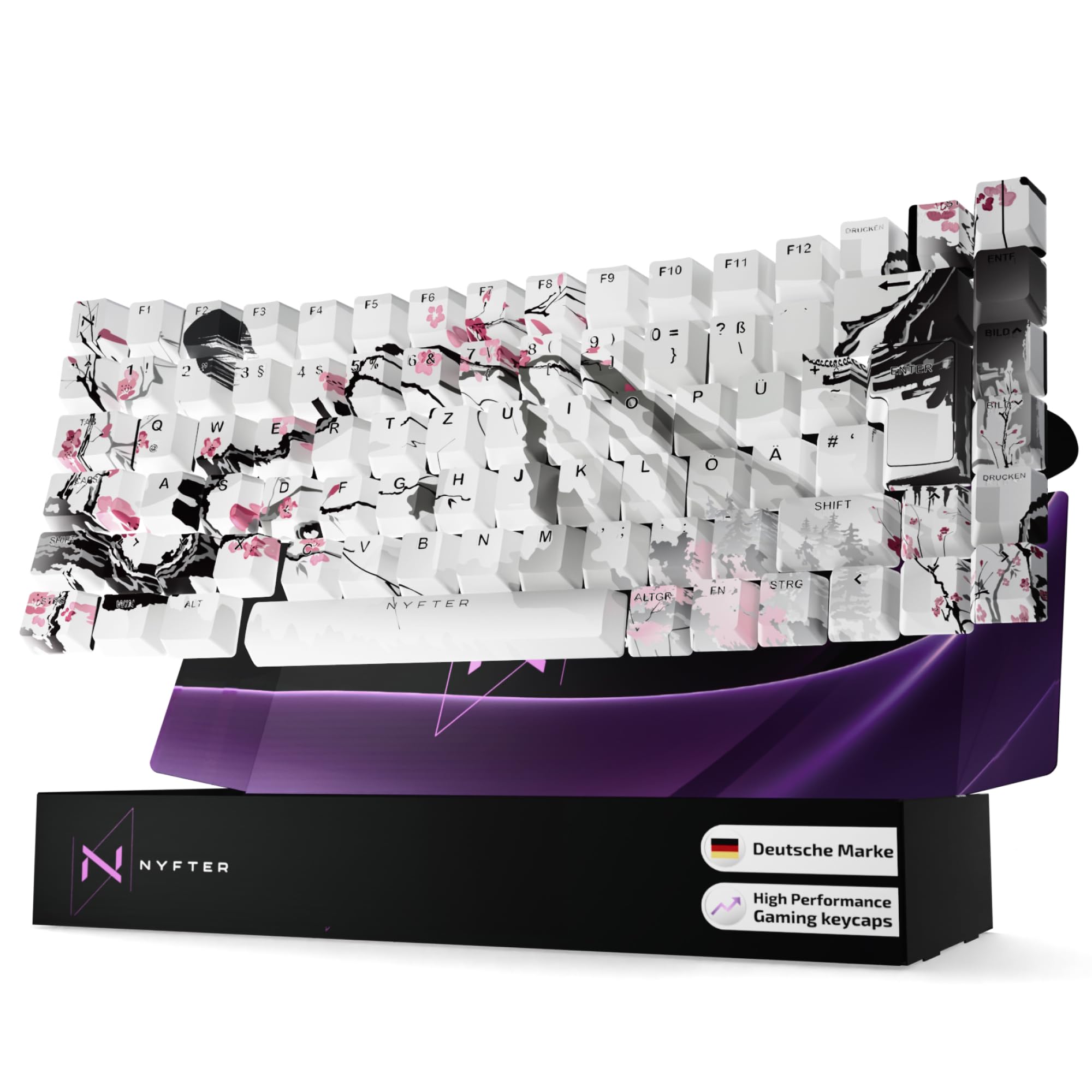 Nyfter Premium Sakura Keycaps – Set ISO Per Tastiere Meccaniche 60% E 75%, In PBT, Design Giapponese Nero E Rosa