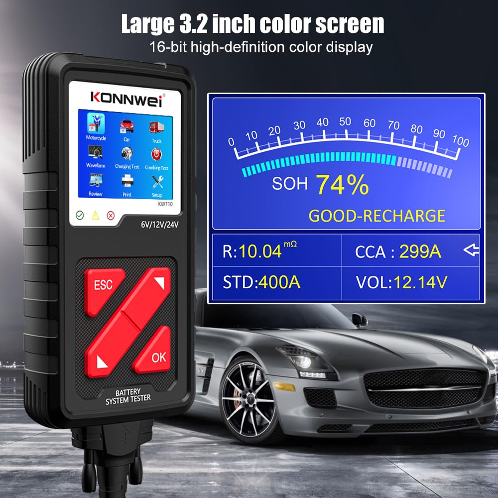 KONNWEI KW710 12 V 24 V tester batteria 100 – 2000 CCA, analizzatore digitale per auto con LCD a colori, tester per sistemi di carica e generatore per auto, camion, moto, barca, SUV, trattore, tester