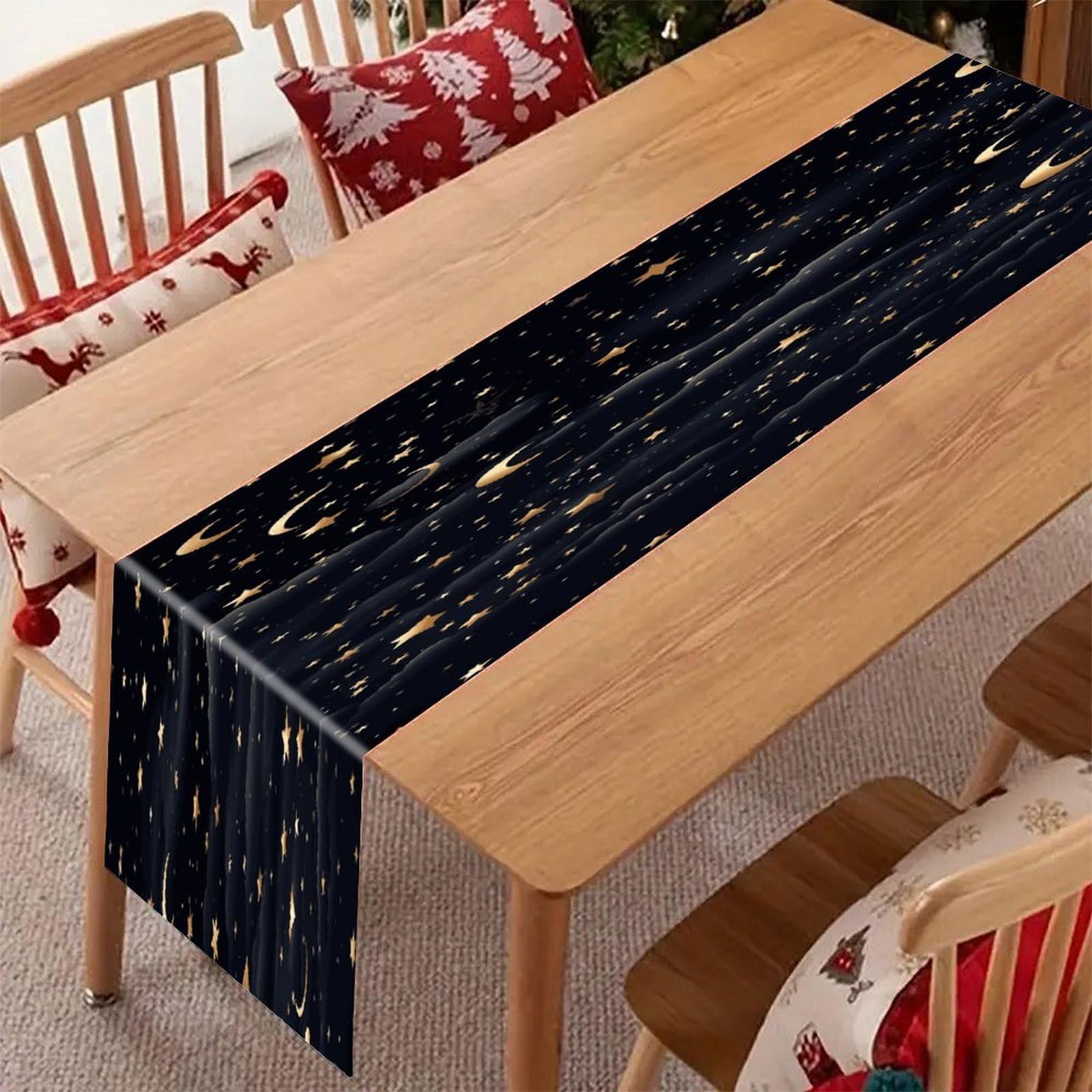 Adfgyerh Style Stars And Moon On Dark Background Table Runner，Pure Linen Chambray ,Boho Table Runner，Heavy Duty Washable Fabric Decorations ，For Party Kitchen Dining Table Coffee Holiday Party Decor (12X70.87 Inche