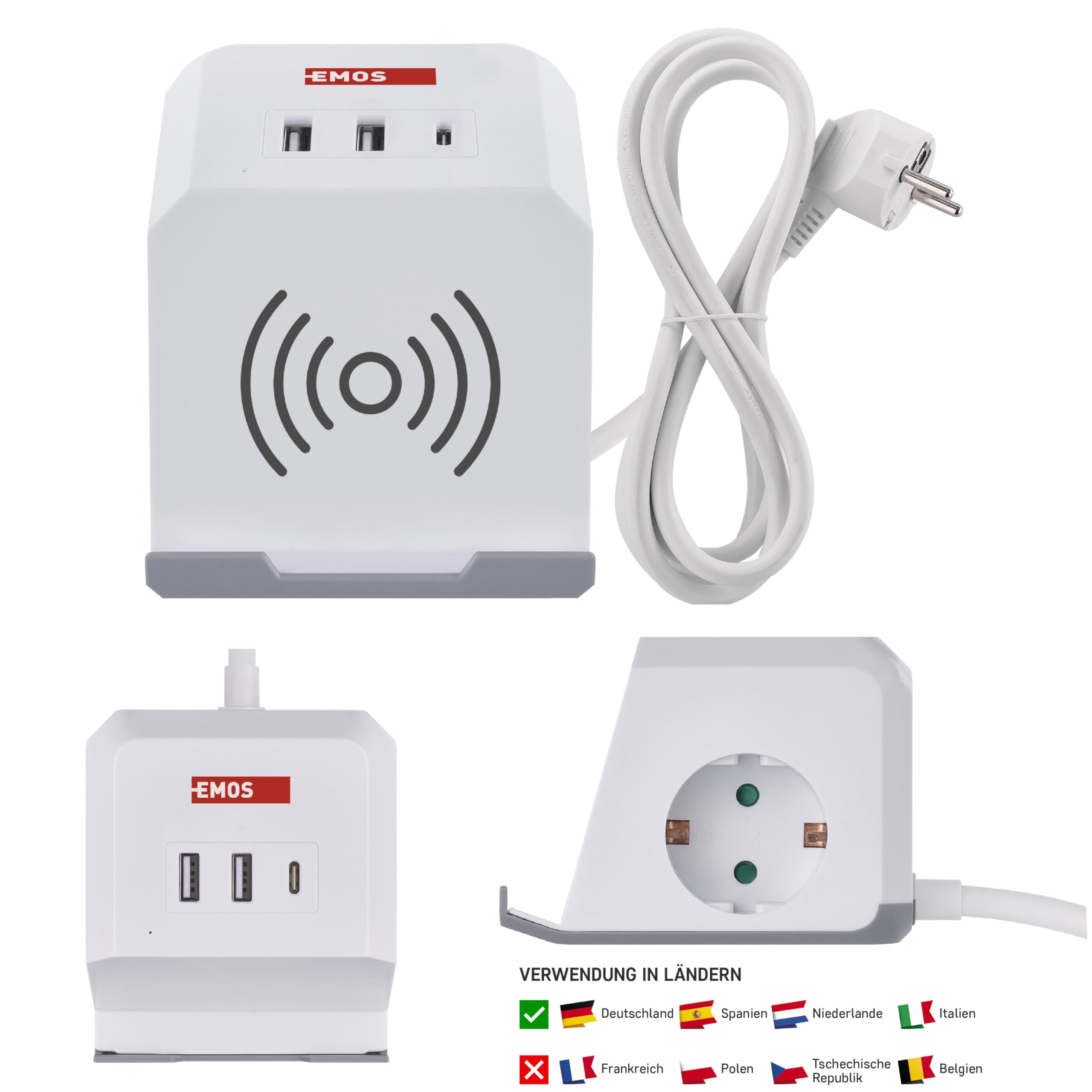 EMOS Steckdosenwürfel mit USB und QI Ladestation, 2X Schuko-Steckdosen, 2X USB-A Port, 1x USB-C Port, 1x Qi Ladestation mit Handy-Ständer, 2m Kabel, erhöhter Berührungsschutz