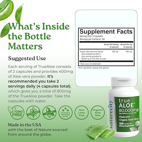 Miniatura 7 de NatureCity True-Aloe 80,000 mg equivalente de gel de aloe vera por porción, fabricado con aloe vera orgánico (360 cápsulas) soporte digestivo, piel