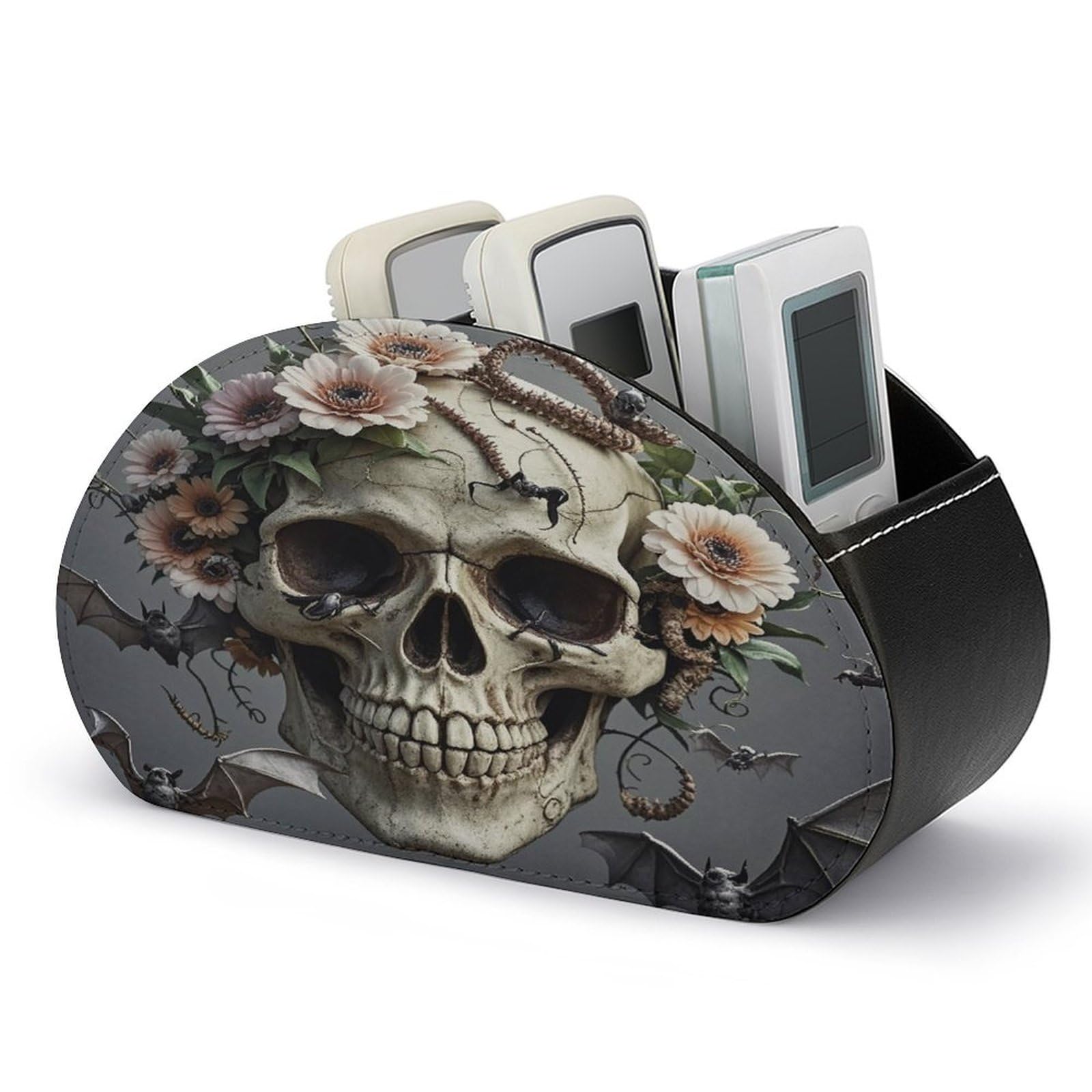 FekiLoot Skull Flower Remote Control Holder with 5 Compartments Multi-functional TV Remote Caddy Organizer Leather TV Remote Holder Desktop Organizer Store for Bedside Table Office Desk