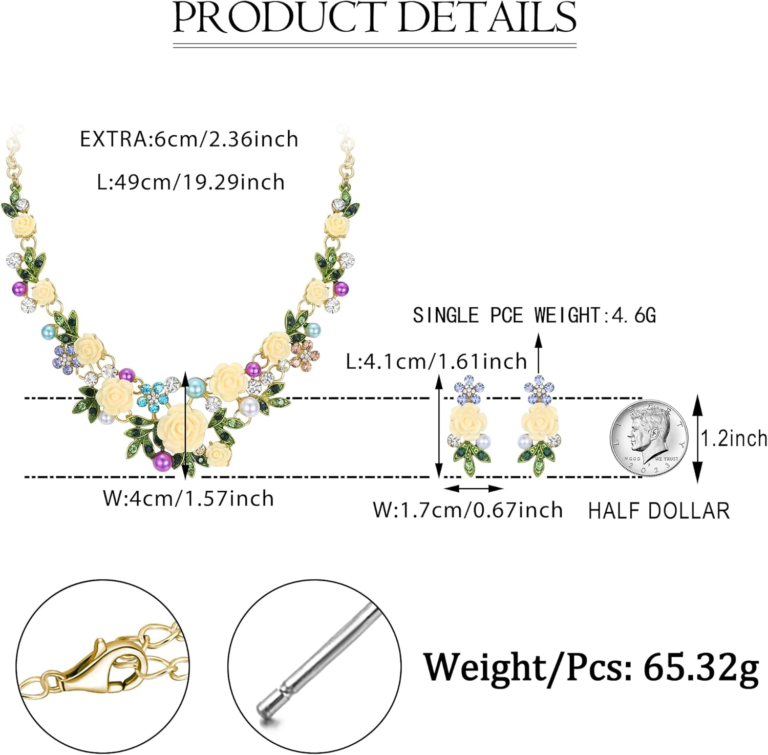 EVER FAITH Women's Austrian Crystal Simulated Pearl Rose Flower Leaf Necklace Pierced Earrings Set - Image 5