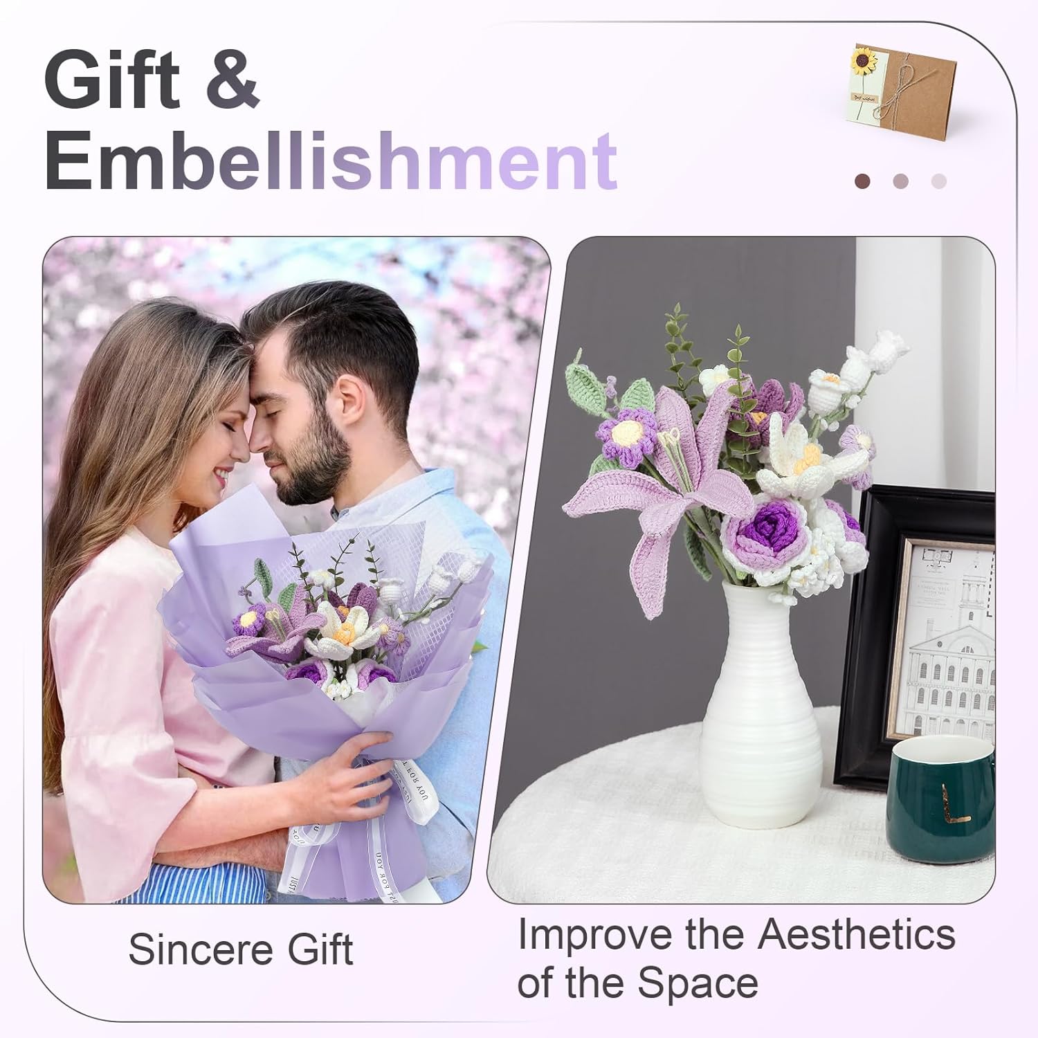 Valentine’s Day Crochet Flower Bouquet, Everlasting Purple Knitted Flowers with Tulips & Crochet Roses, Elegant Valentines Flowers Gift for Her, Handmade Floral Bouquet Home Decor - Image 7