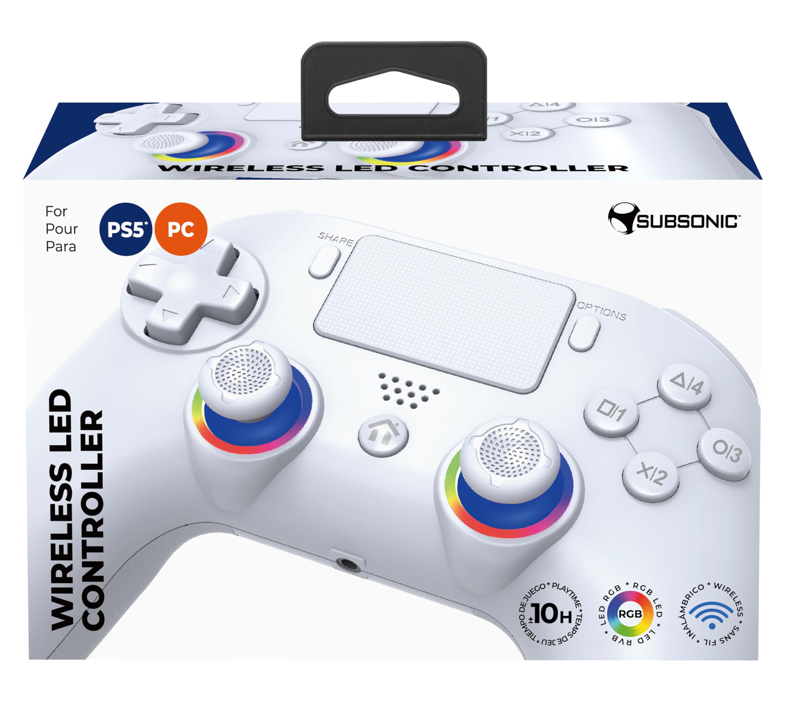 Subsonic - Mando Inalámbrico para PS5 y PC - Blanco | Ergonómico, LED RGB Programables, Vibración, Panel Táctil, Palancas Programables - Compatible PlayStation 5 y PC