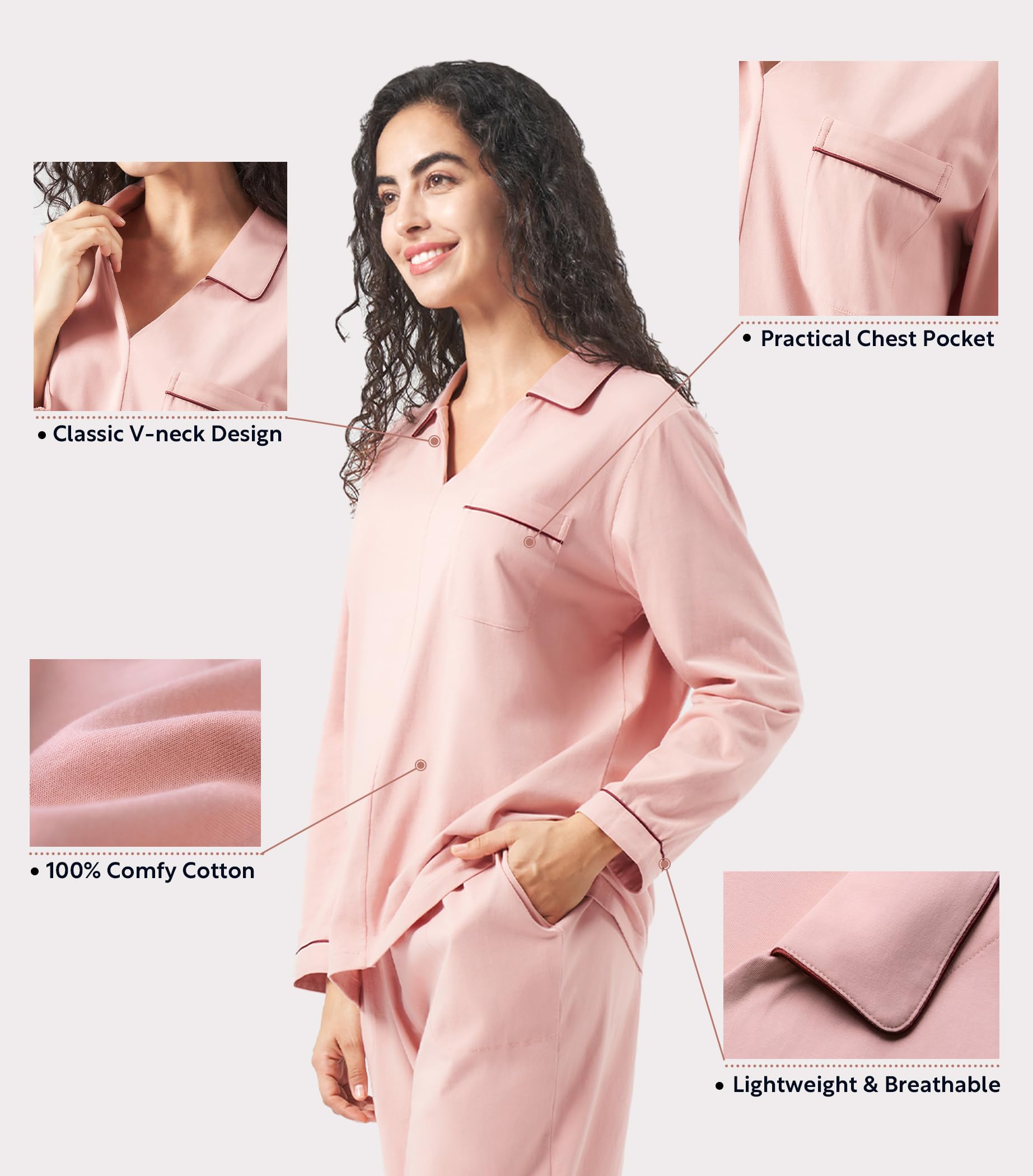 DAVID ARCHY Conjuntos de pijamas para mujer, ropa de dormir de algodón de primera calidad, regalos a juego, ropa de, Rosa: cuello en V, M