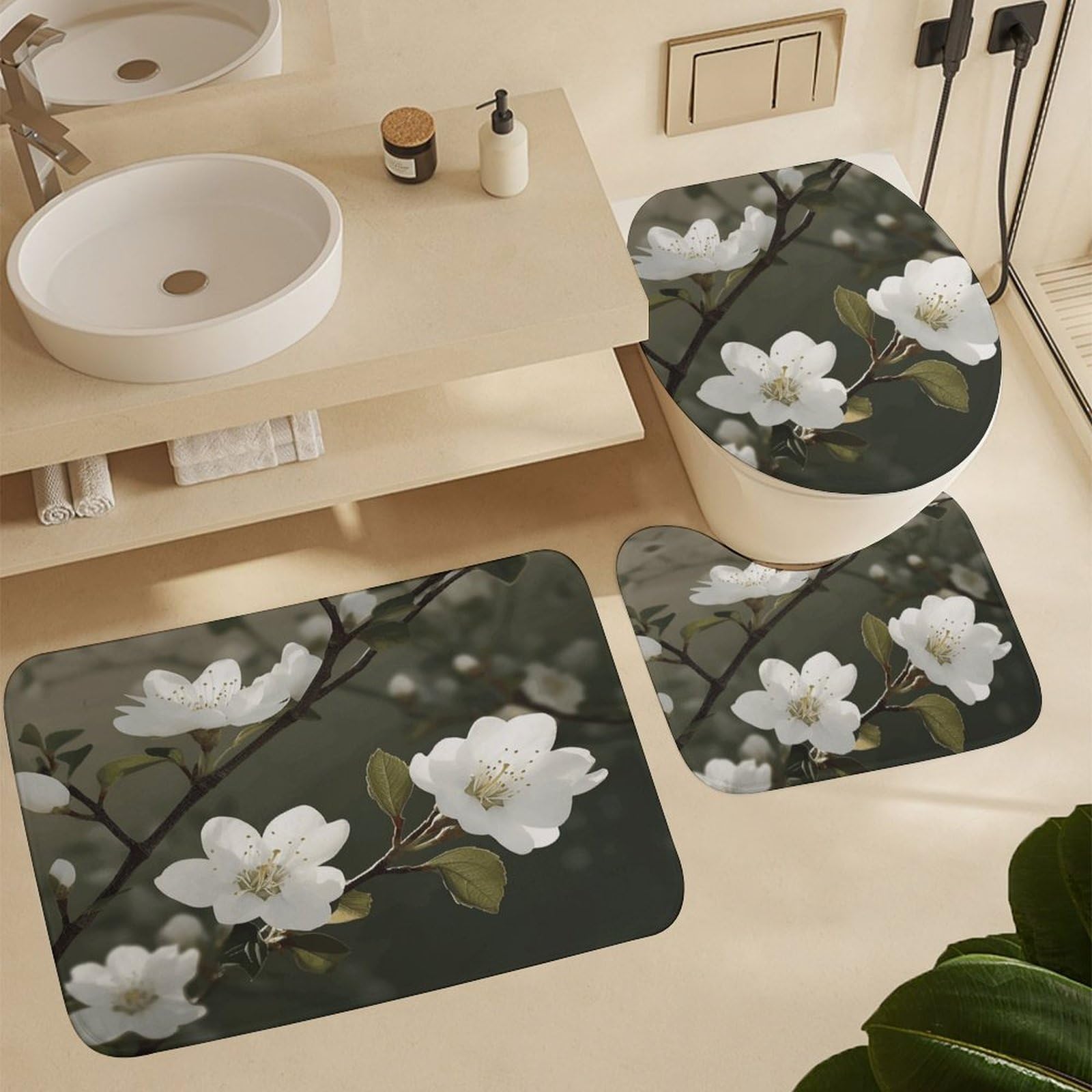 Ensemble de salle de bain 4 pièces avec rideau de douche et tapis Motif fleurs blanches