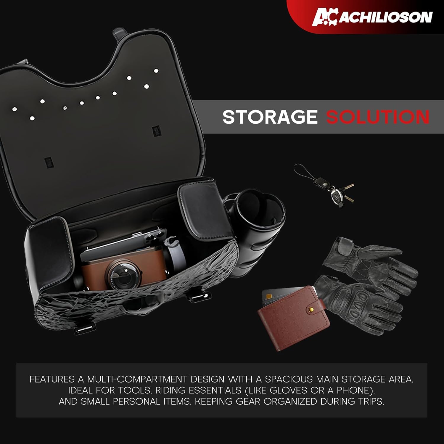 14L Motorcycle Tool Bag 3D Skull Embossed PU Leather Saddlebag with Handlebar Roll Bag, Universal Waterproof Black Motorcycle Side Bags Storage Pouch for Most Motorcycles