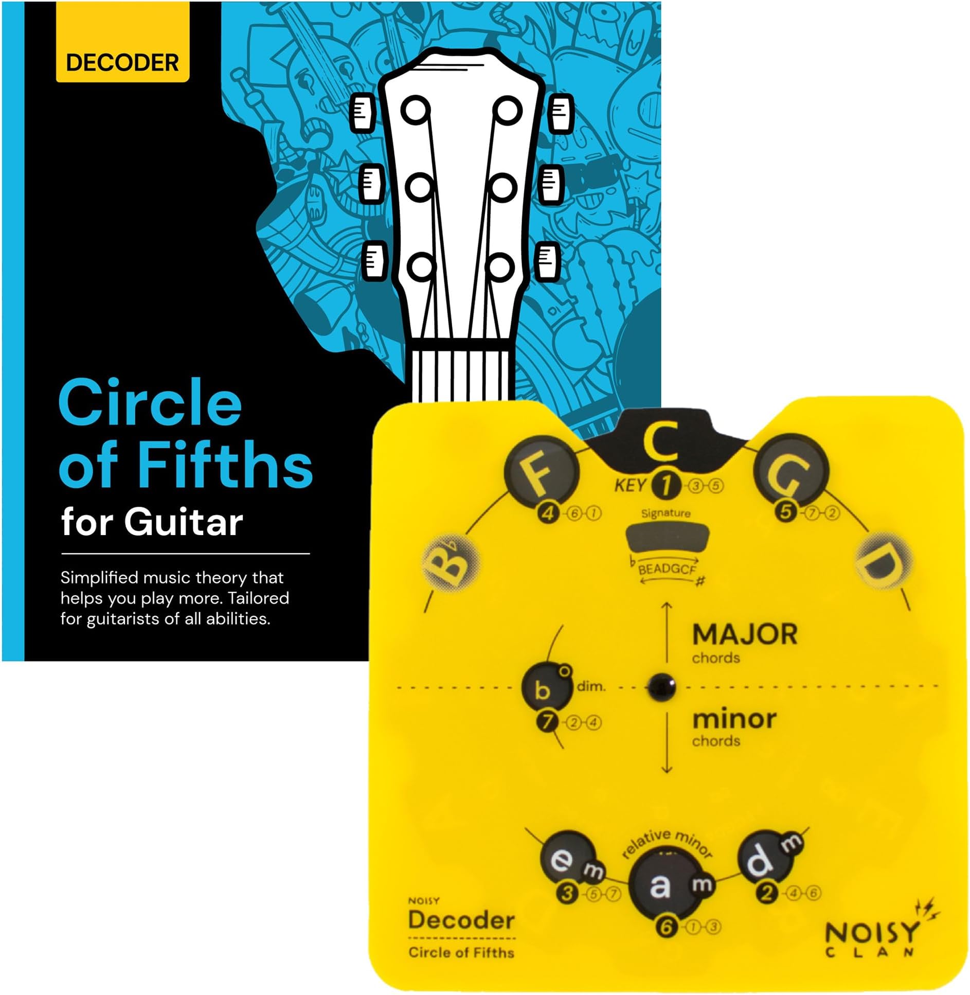 Guitar Circle of Fifths Wheel + Guitar Theory Book: Chord & Key Decoder