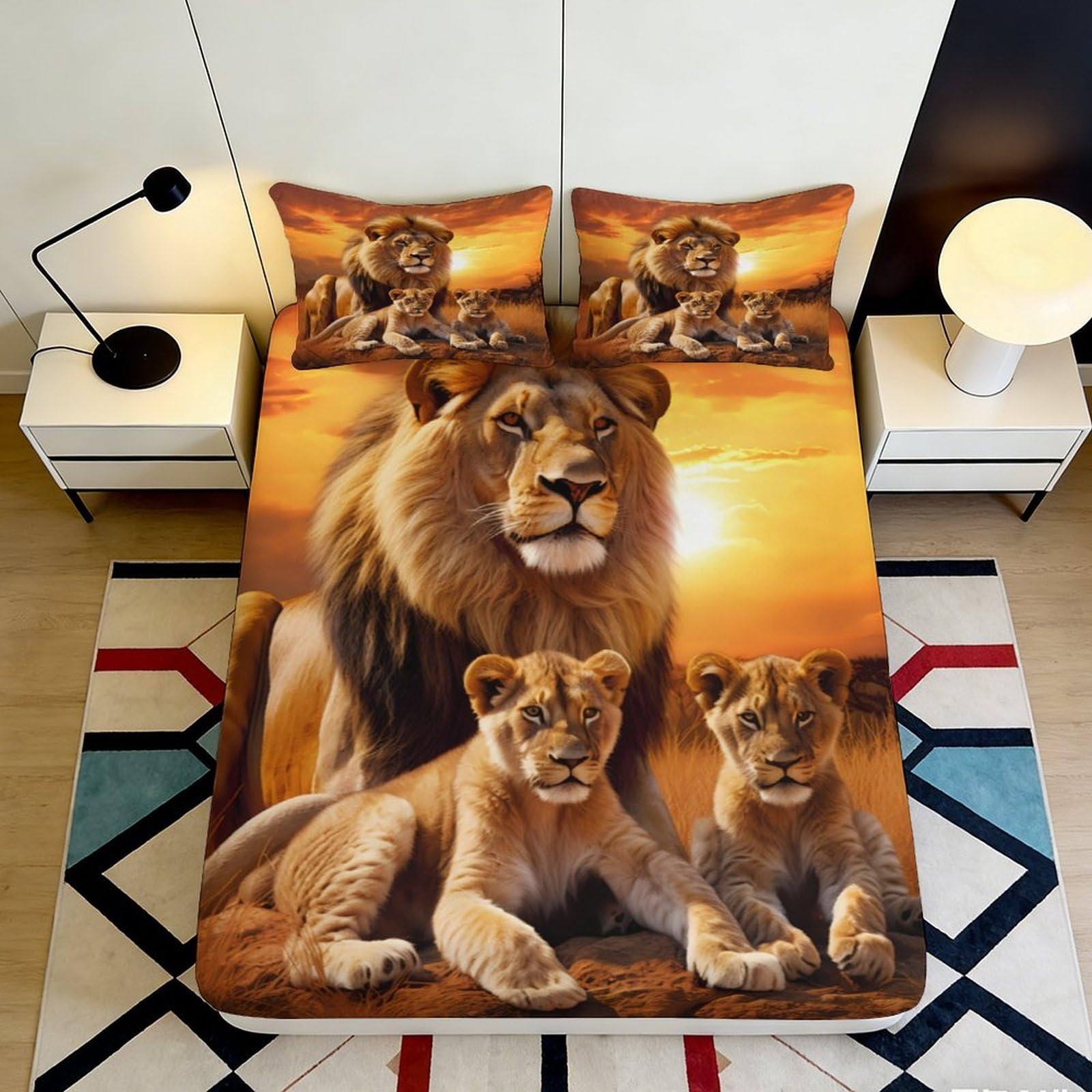 3D Printed Lion Family Fitted Sheet Microfiber Soft Breathable Sunset Savannah Mattress Cover for Bedroom Guest Room Decor 90x200x25cm