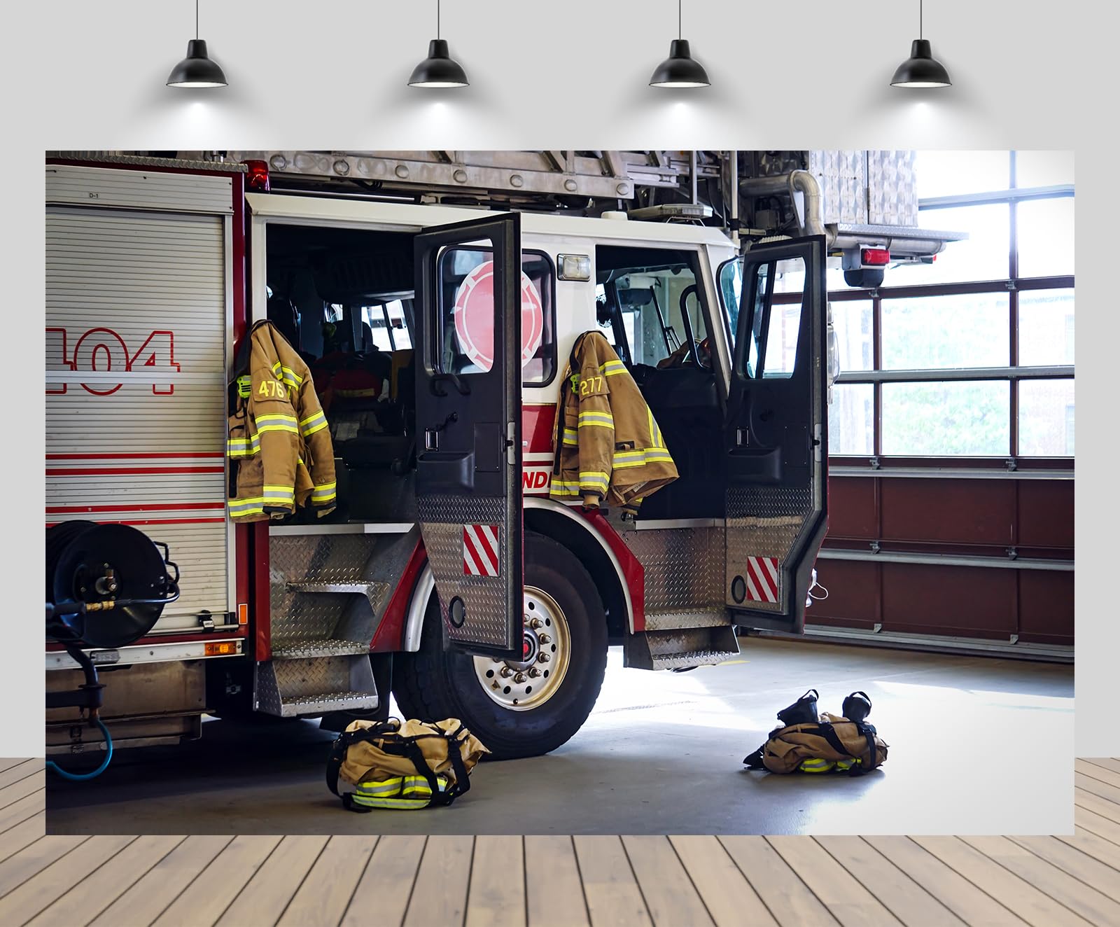 chnywork 12x8ft Fire Station Interior Photography Backdrop Fire Truck Firefighter Suits Equipments Background for Fireman Firefighters Phoot Props