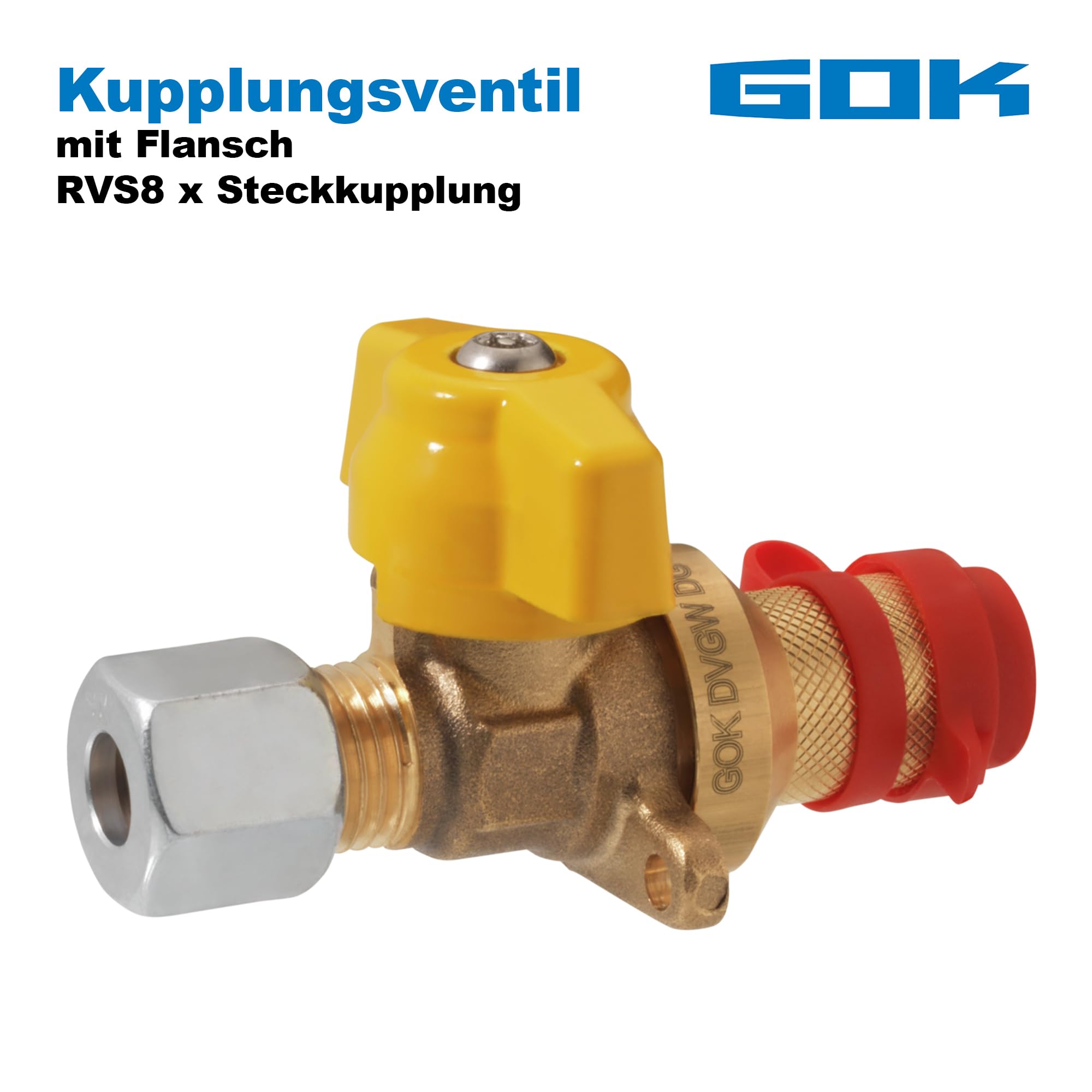 GOK Kupplungsventil mit Flansch RVS8 x Steckkupplung, Koppelventil aus Messing, verwendbar bis 5 Bar, manipulationssicher, DVGW-zertifiziert