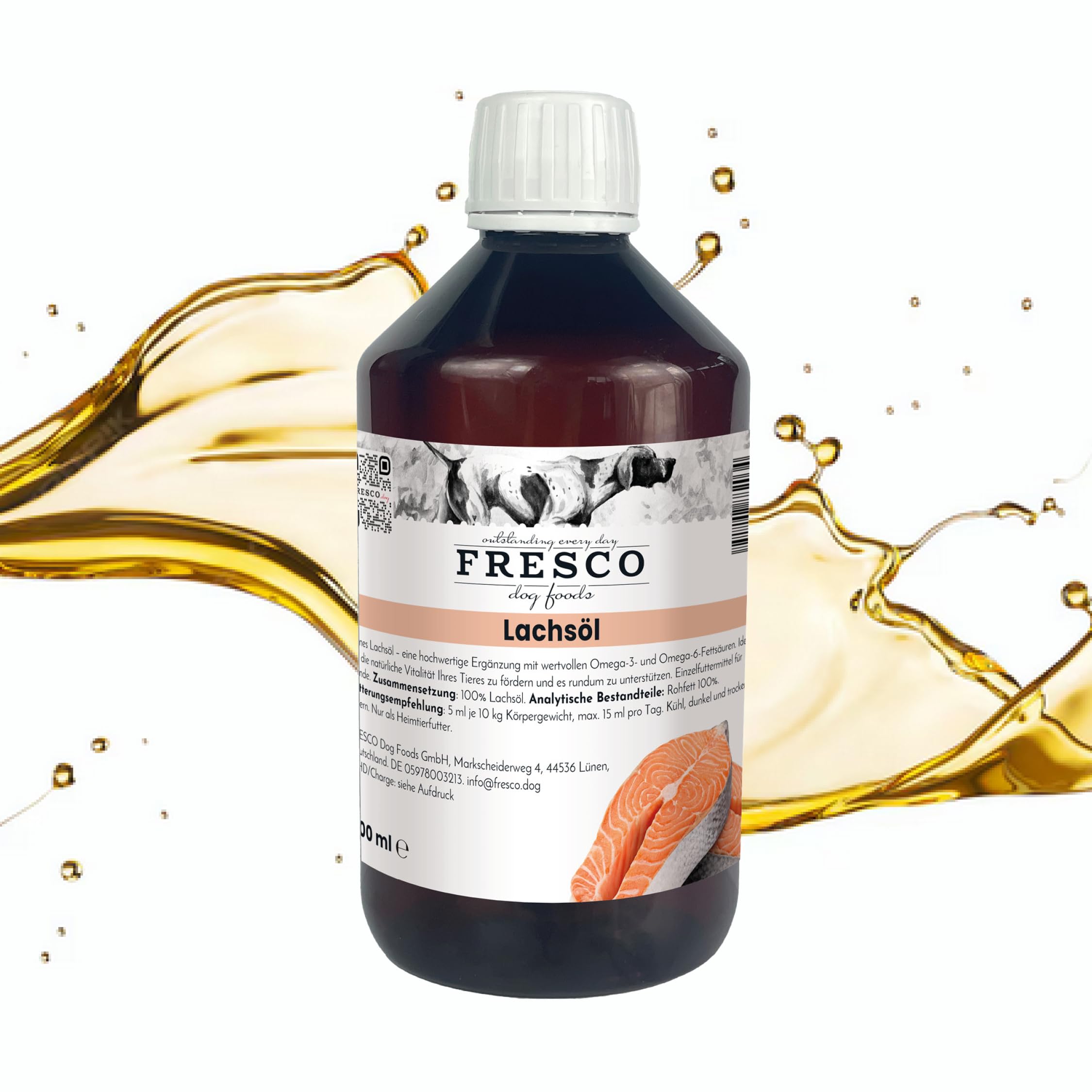 FRESCO Dog Premium Lachsöl Hund mit Omega 3 & 6 | 250ml hochdosiertes Fischöl für Hunde mit Vitamin D & A | Barf Öl ohne Zusätze | Abgefüllt in Deutschland