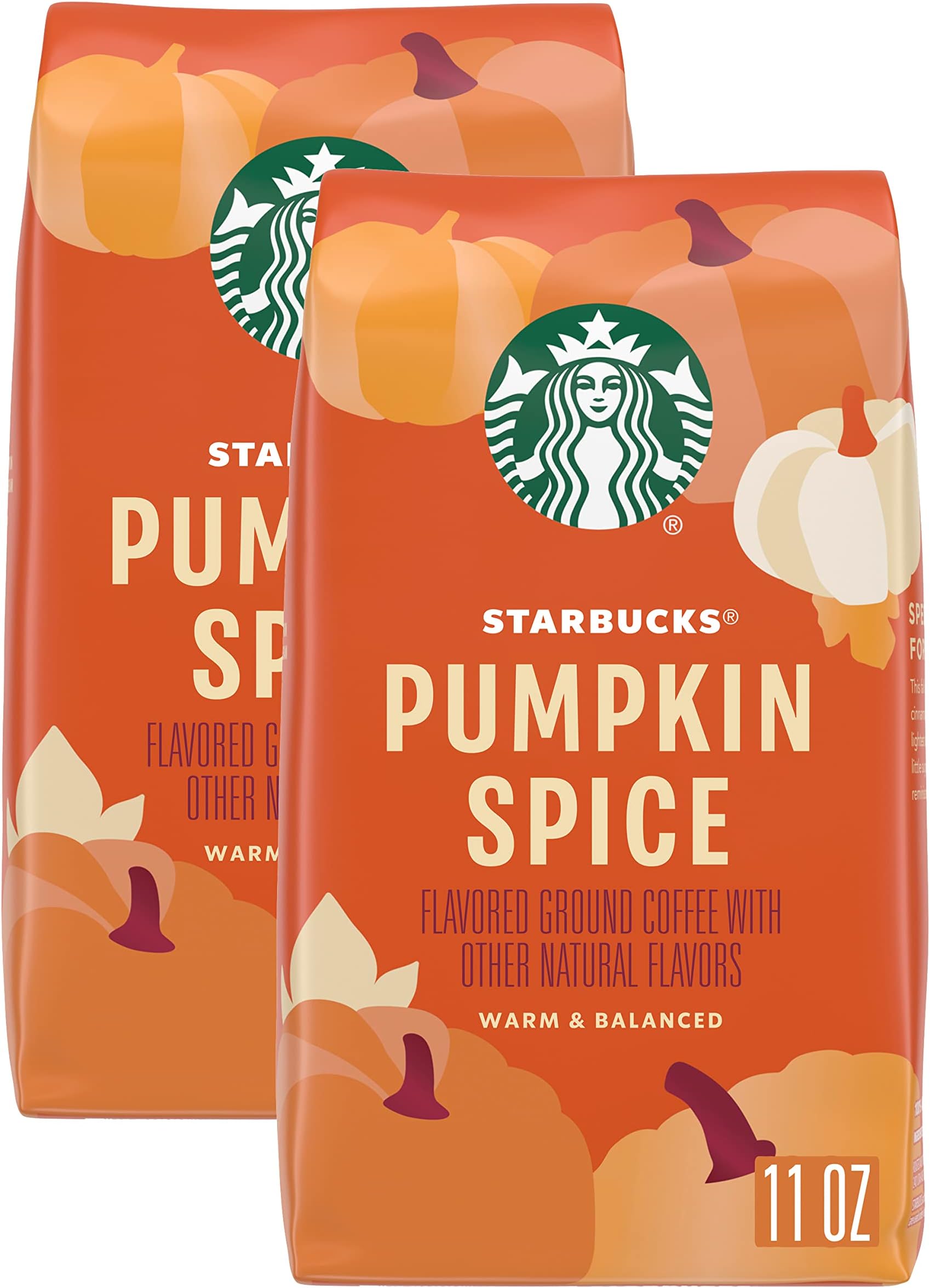 Starbucks Pumpkin Spice Flavored Ground Coffee - Warm & Balanced, No Artificial Flavors - 11 OZ (Pack of 2)
