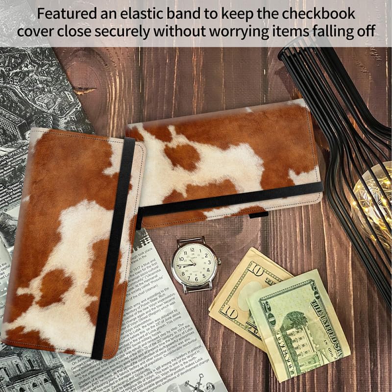 Image of FUYOCWE Checkbook Cover for Men Women Check book Covers Holder for Personal Checkbook Register Duplicate Checks,RFID Blocking Leather Checkbook Wallets w /Elastic Strap-Cow Hide Animal Print Brown