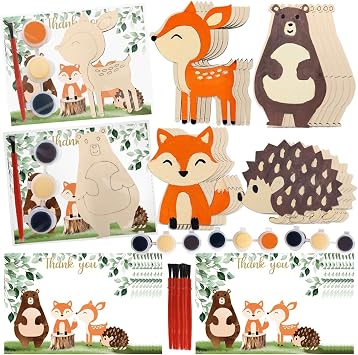 Woodland Birthday Party Favors 24 pcs Unfinished Wooden Animals Crafts to Paint with Thanks Card for Woodland Baby Shower Decorations