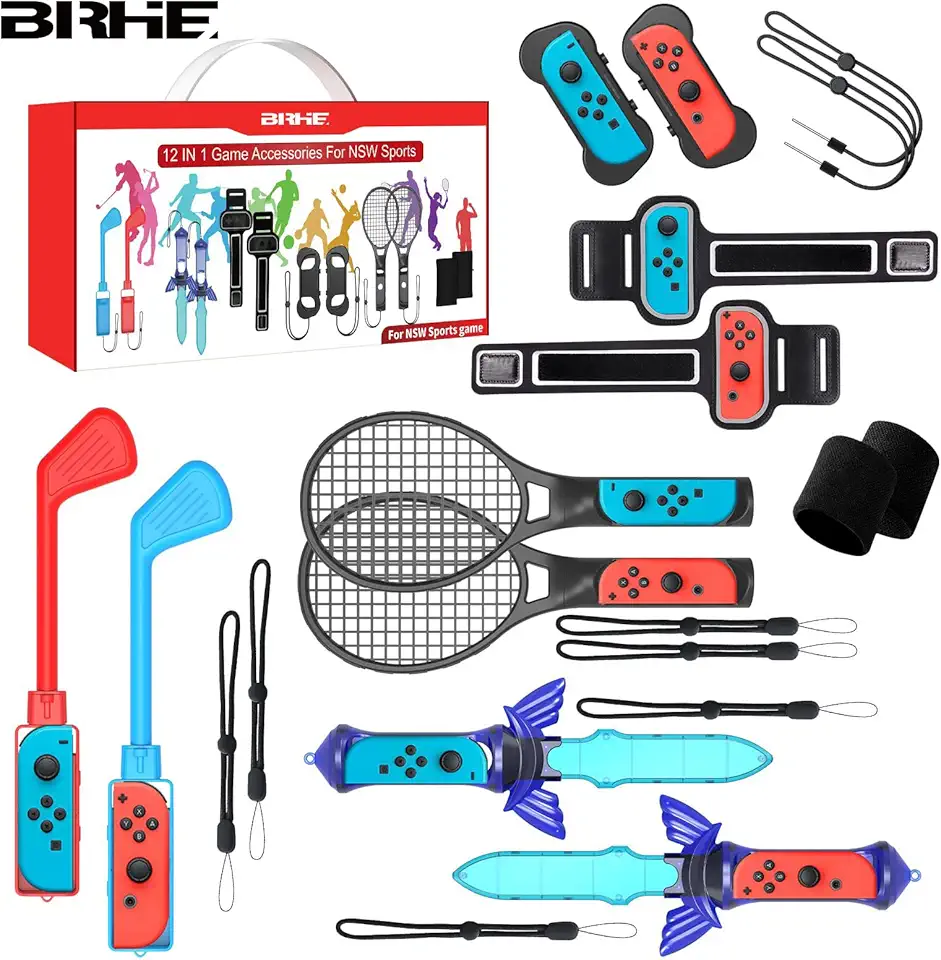 2023 Switch Sports Accessories Bundle - Kit de acessórios familiares 12 em 1 para jogos esportivos do Nintendo Switch: raquetes de tênis, empunhaduras de espada, tacos de golfe, faixas de dança para o pulso e alça para as pernas, faixa de pulso Joy-con, estojo Comfort Grip e estojo de transporte