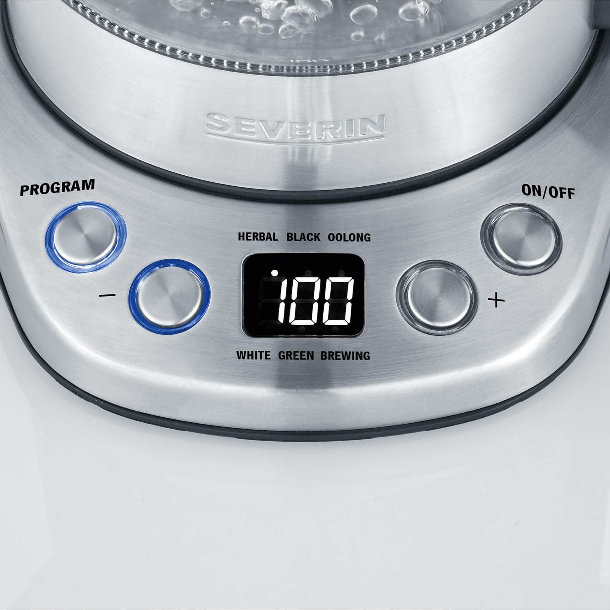 SEVERIN Glas Tee- und Wasserkocher Mini Deluxe (1.0L Wasser / 0.75L Tee), Teekocher mit einstellbarer Temperatur und Ziehzeit, Glas Wasserkocher mit voreingestellten Teeprogrammen, 2.200 W, WK 3473
