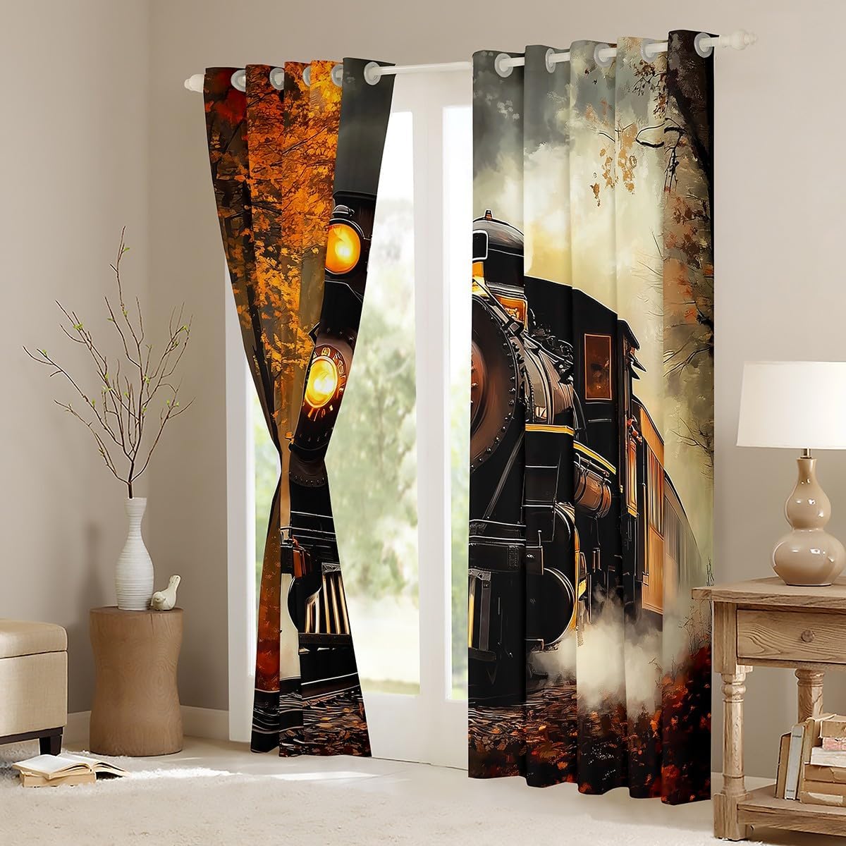 Erosebridal Train Window Curtains Retro Steam Engine Blackout Curtains 42" Wx63 L Railway Track Transport Curtains & Drapes for Kids Boys Teen Men,Autumn Fallen Leaves Window Treatments 2 Panels