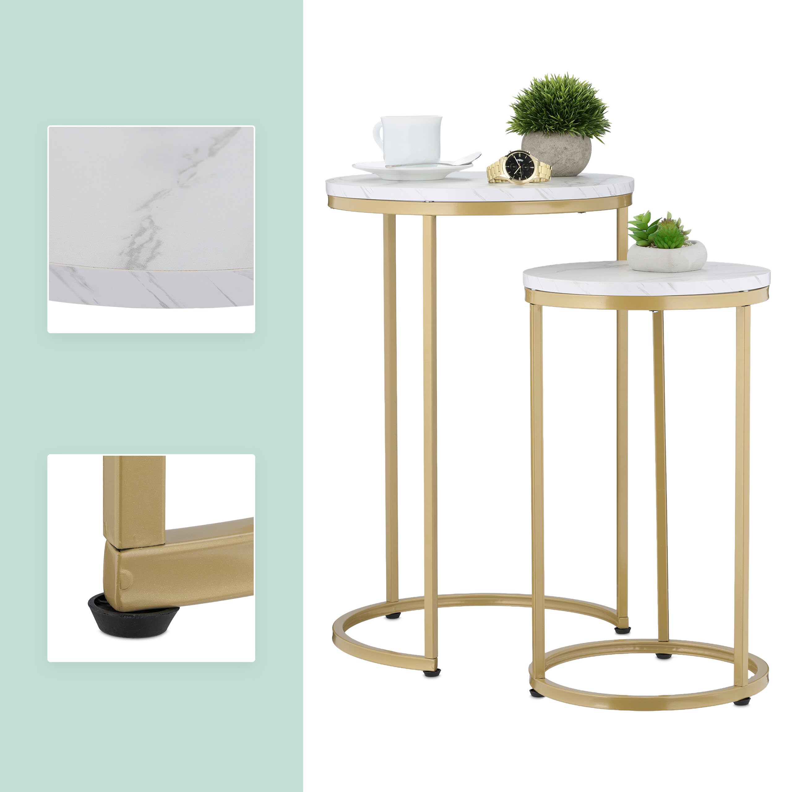 Relaxdays Table d'appoint en Lot de 2 (Dimensions différentes), mélange de matériaux, pour Le Salon, Blanc et doré